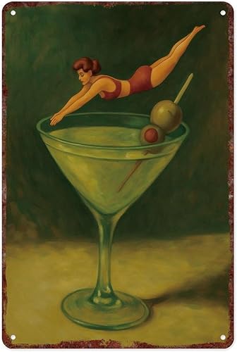 Pin-Up Girl Martini Dive Art Print Metal Tin Sign - Food Poster Vintage Kitchen Wall Decor For Kitchens, Restaurants, Bars, And Cafes Size 12x8