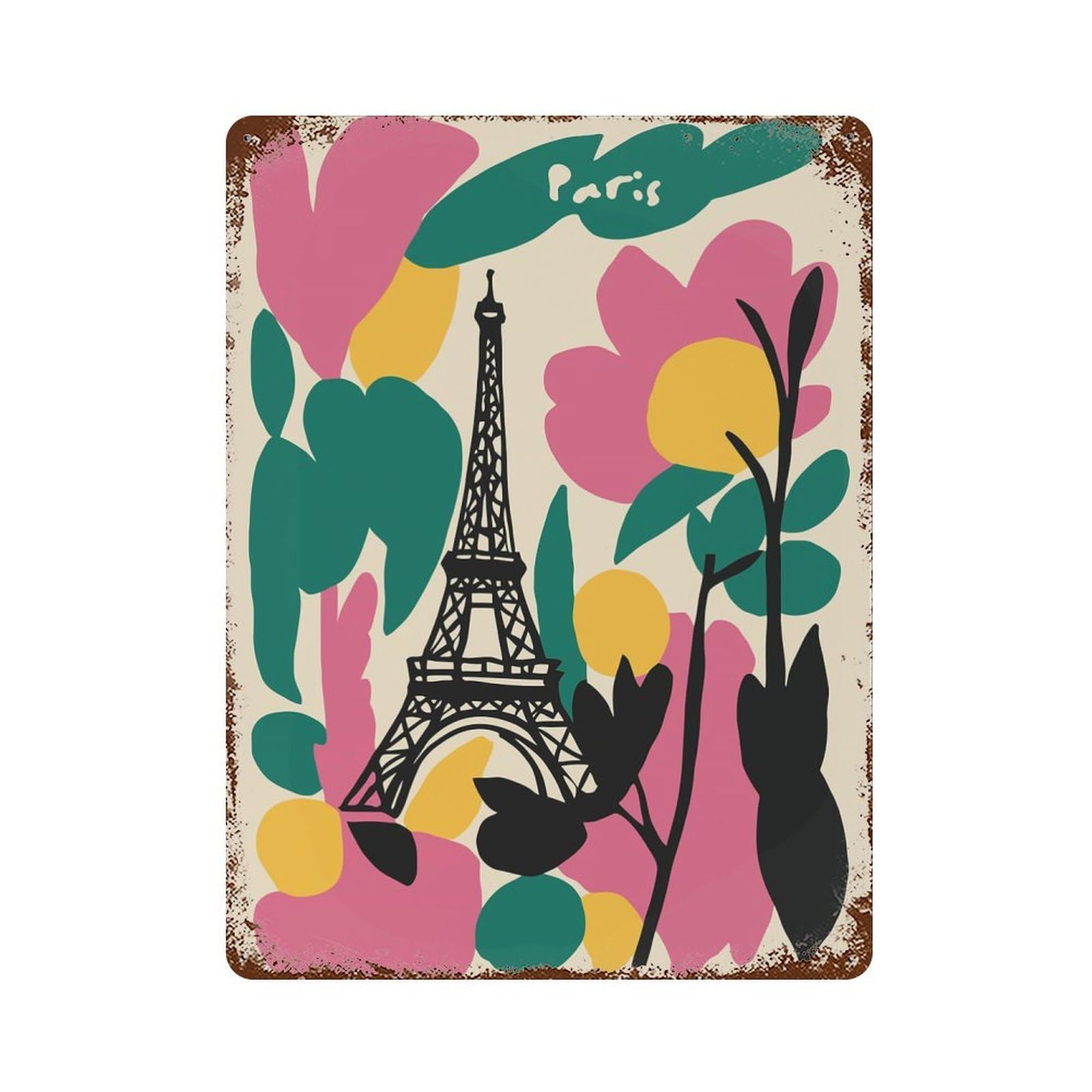 Paris Eiffel Tower Floral Art Retro Metal Sign 15.7"x11.8", Shabby Chic Decor for Bistro, Counter And Cafe Decor