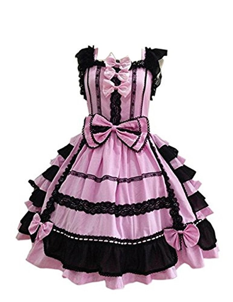 Smiling Angel Girls Pink Black Sweet Lolita Dress Princess Lace Court Skirts Cosplay Costumes XX-Large