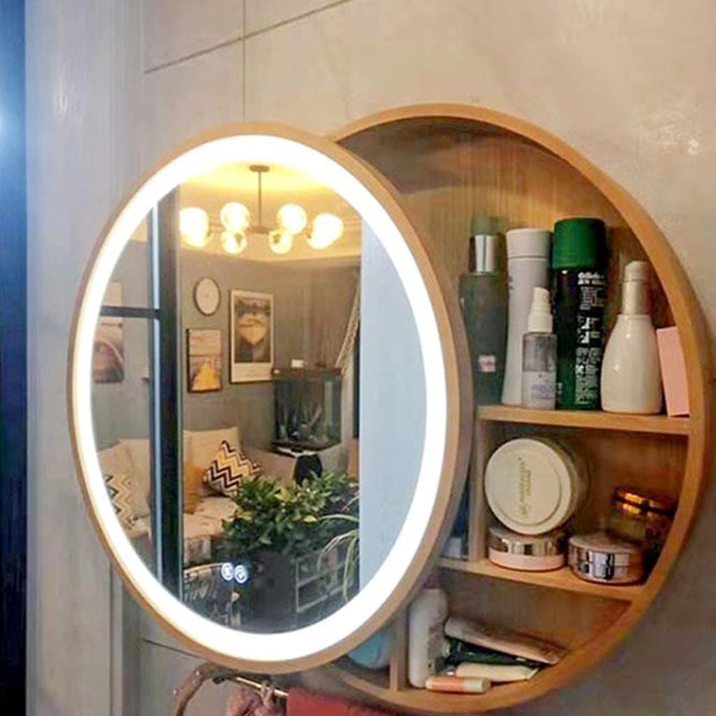Runder LED-Badezimmerspiegelschrank – Wandmontierter Waschtisch aus Holz mit Stauraum und Beleuchtung, modernes Schlafzimmerdesign für stilvolle Wohnkultur