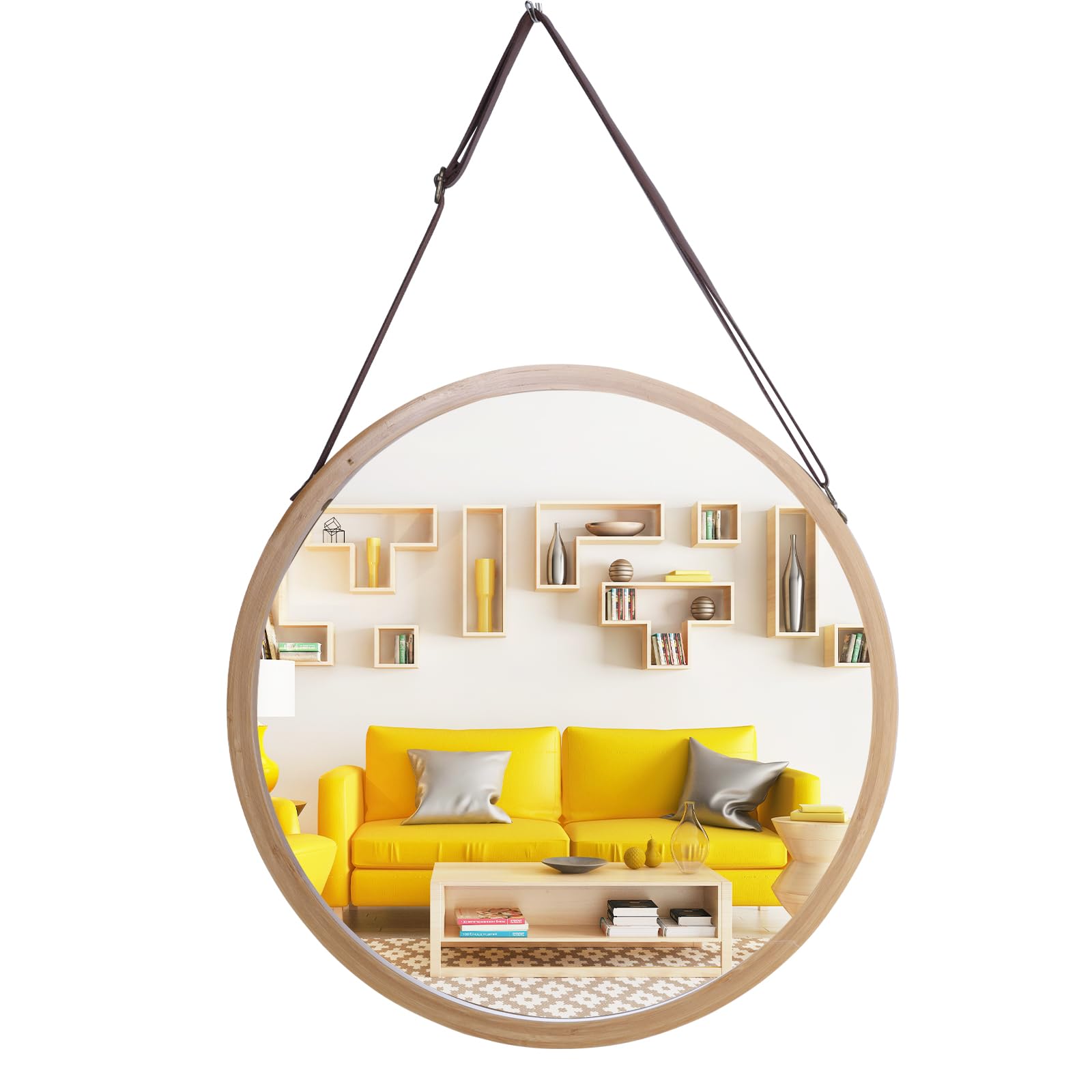 SHENGTIAN Versatile Bamboo Framed Wall Mirror - 15-Inch Round Mirror with Adjustable Leather Strap, Perfect for Bedroom, Bathroom, and Home Decor (15"/38CM)