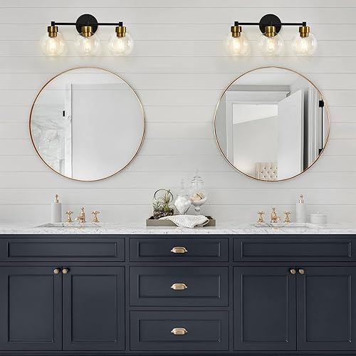 Miniatura 7 de Lámpara de baño, 3 luces negras y doradas, luces de baño sobre espejo con pantalla de vidrio y base de metal, luces de tocador para baño, escaleras,
