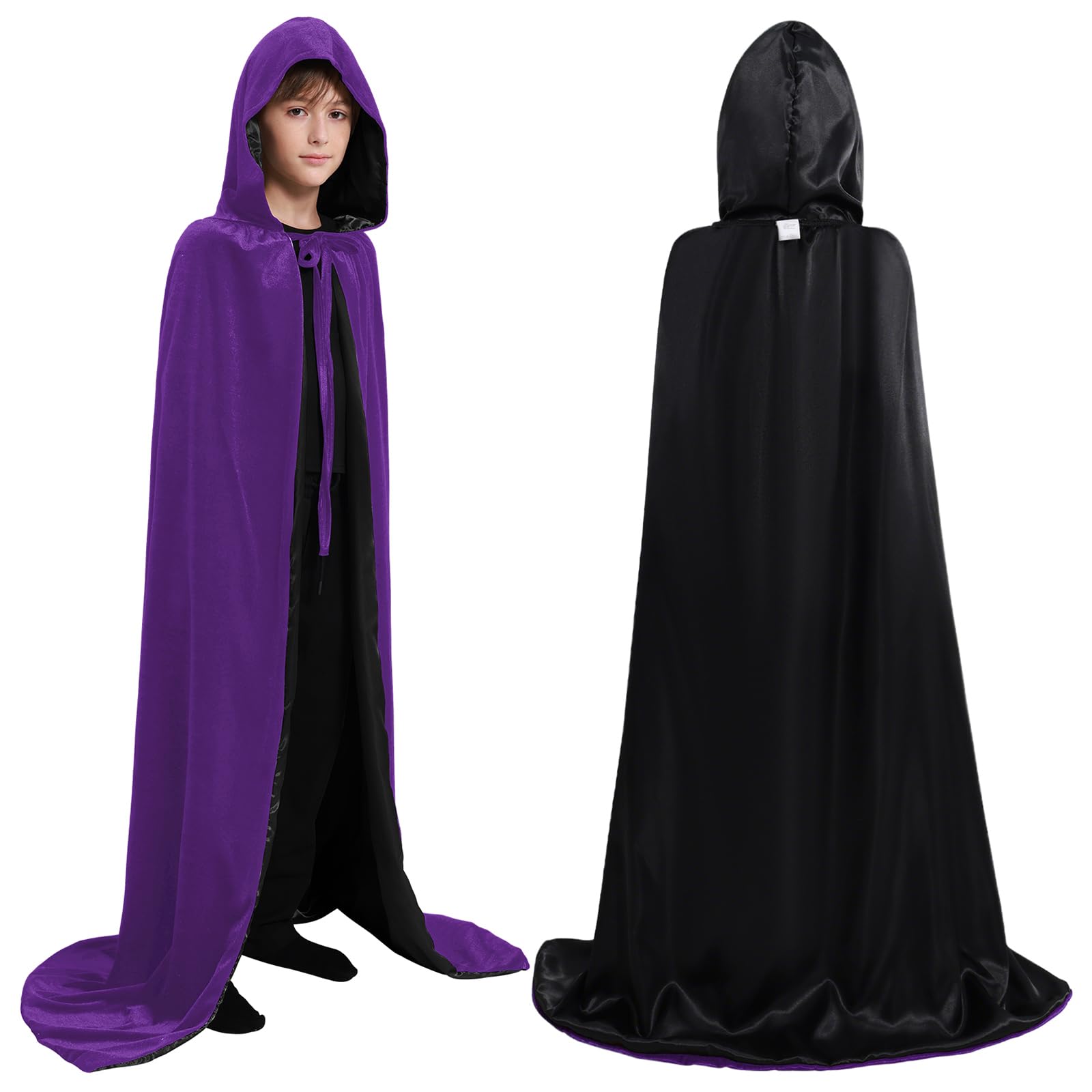 Valcatch Halloween Hooded Cloak Vampire Capes for Kids Adult, Unisex Reversible Velvet Satin Full Length Long Robes with Hood Fancy Dress Costume for Witch Masquerade Cosplay Party