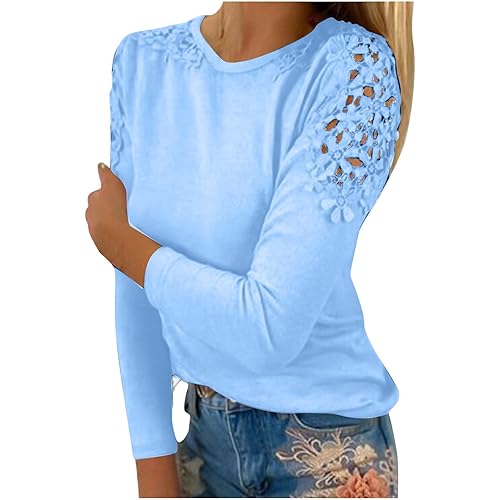 Stessotudo Women’s 2023 Long Sleeve Shirts Round Neck Lace Crotchet Trendy Tops Plus Size Solid Hallow Out Fashion Blouses
