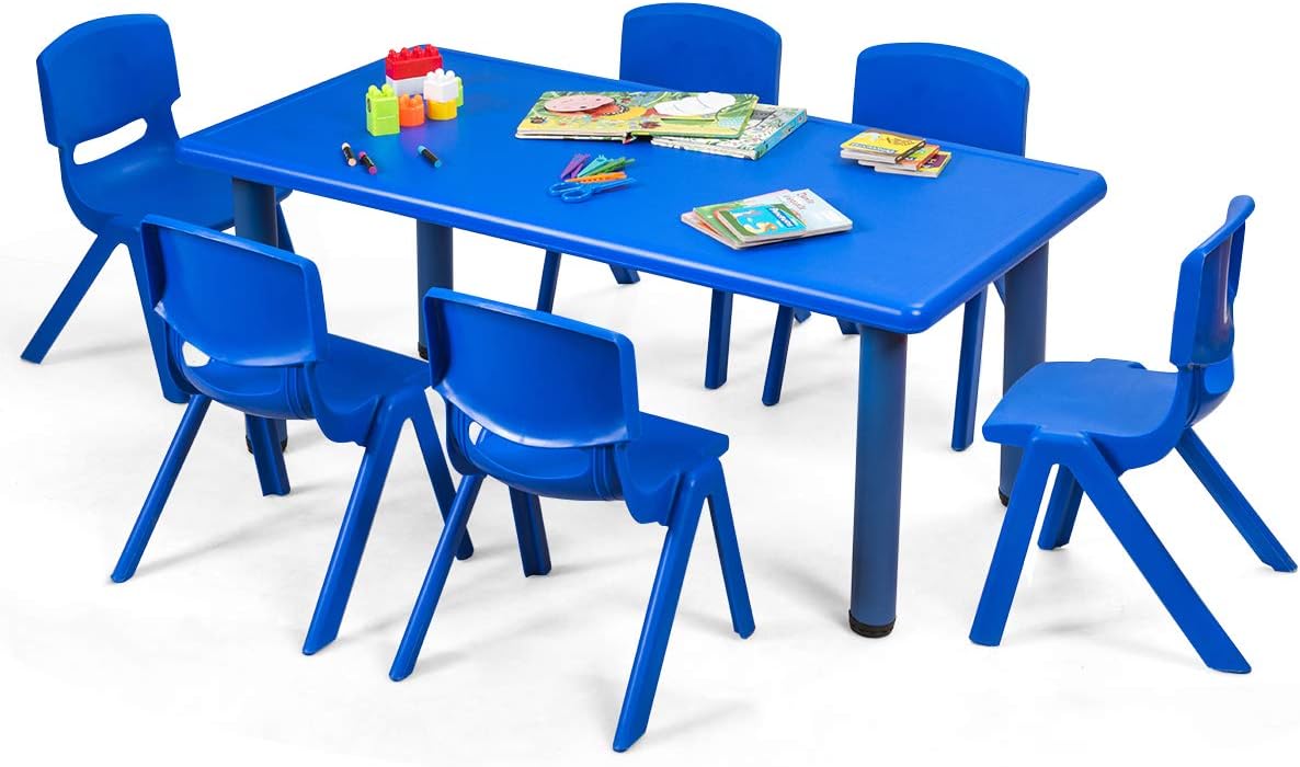 HONEY JOYKids Table and 6 Chair Set, 47 x 23.5 Inch Children Rectangular Table with Stackable Seats, 7 Pcs Plastic Activity Toddler Furniture Set for Playroom Daycare, Gift for Boys Girls