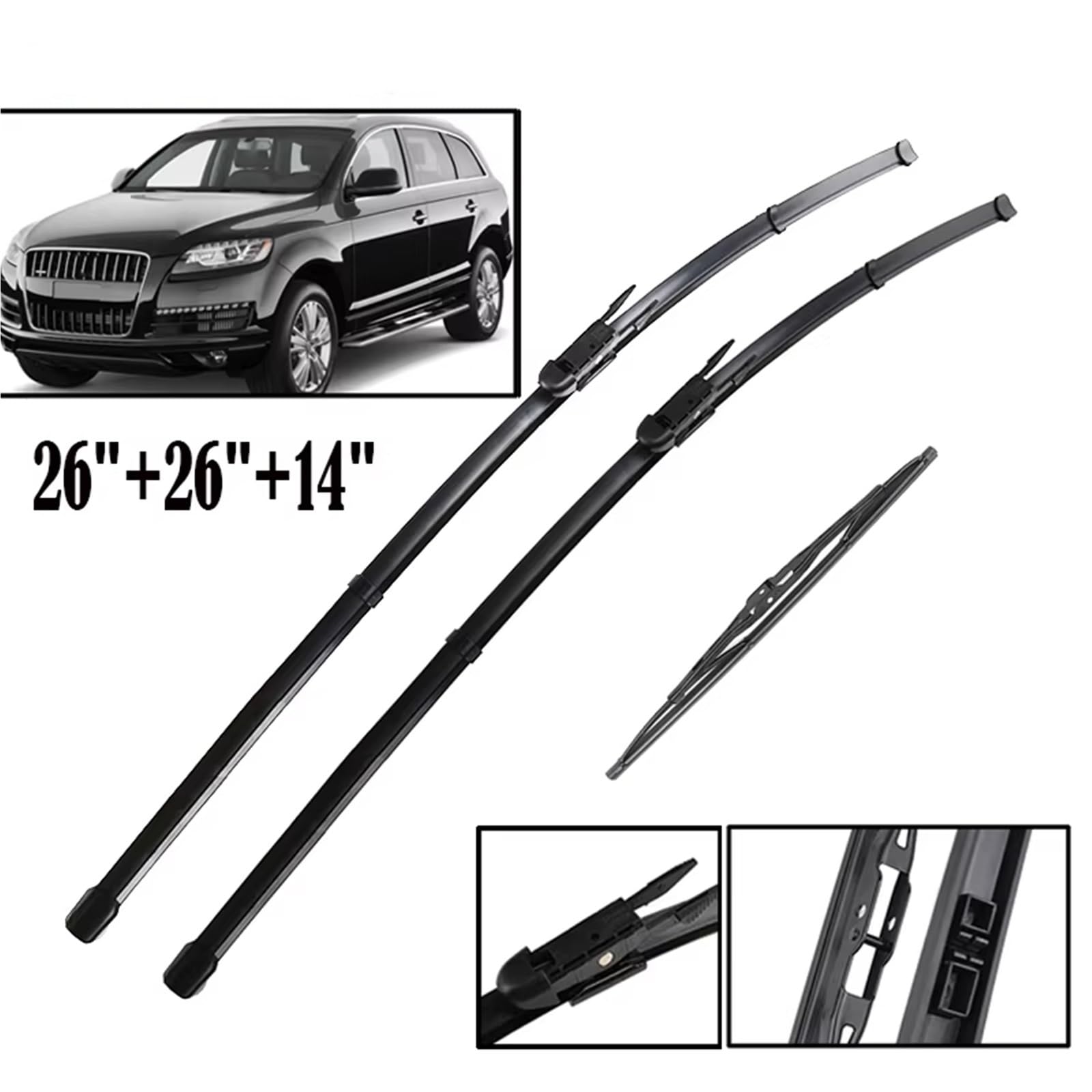 Limpiaparabrisas de Coche Compatible con Q7 4L 2006-2009 2010 2011 2012 2013 2014 2015 26"+26"+14" Parabrisas Ventana Limpiaparabrisas Delantero Y Trasero