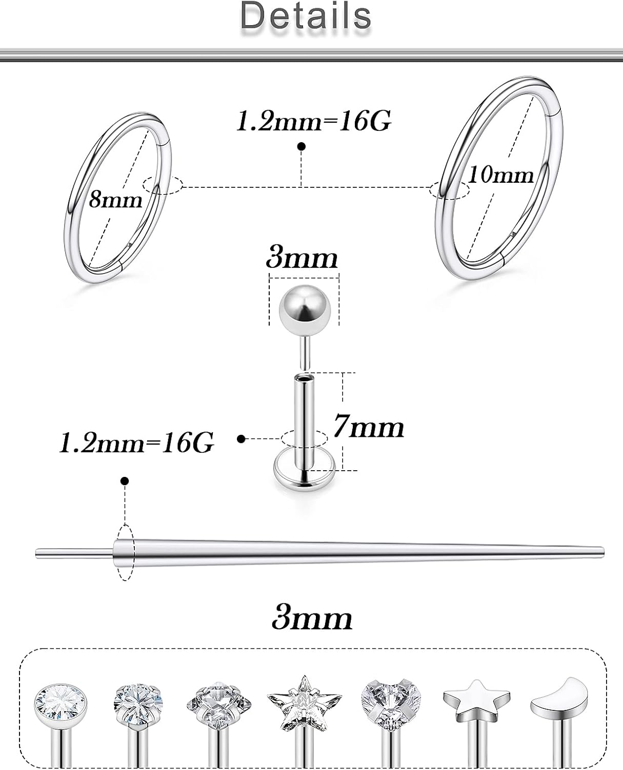 20G 18G 16G Threadless Lip Labret Medusa Monroe Nose Piercing Jewelry Surgical Steel Snake Bites Lip Rings Flat Back Push in Cartilage Tragus Helix Conch Earring Stud 6mm 8mm 10mm Bars - Image 2