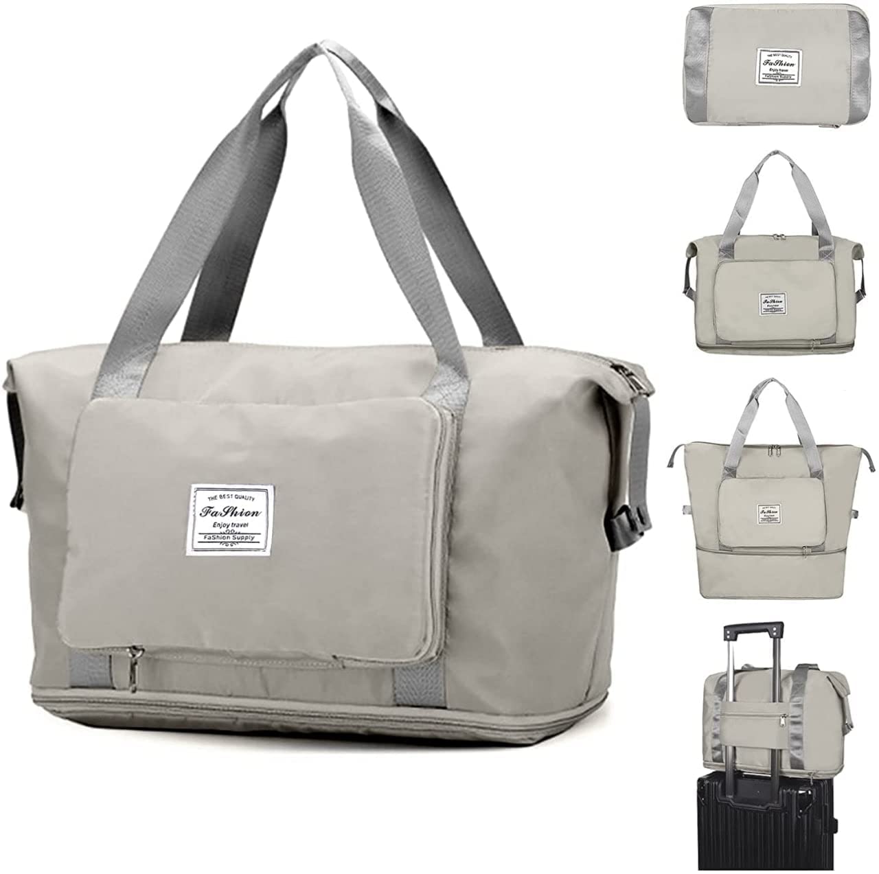 Imported Travel Duffle Luggage Bag, Expandable Folding Travel Bag for Women, Lightweight Waterproof Carry Weekender Overnight for Travel Shoulder Bag with Dry & Wet Pocket (Light Grey)-image-31