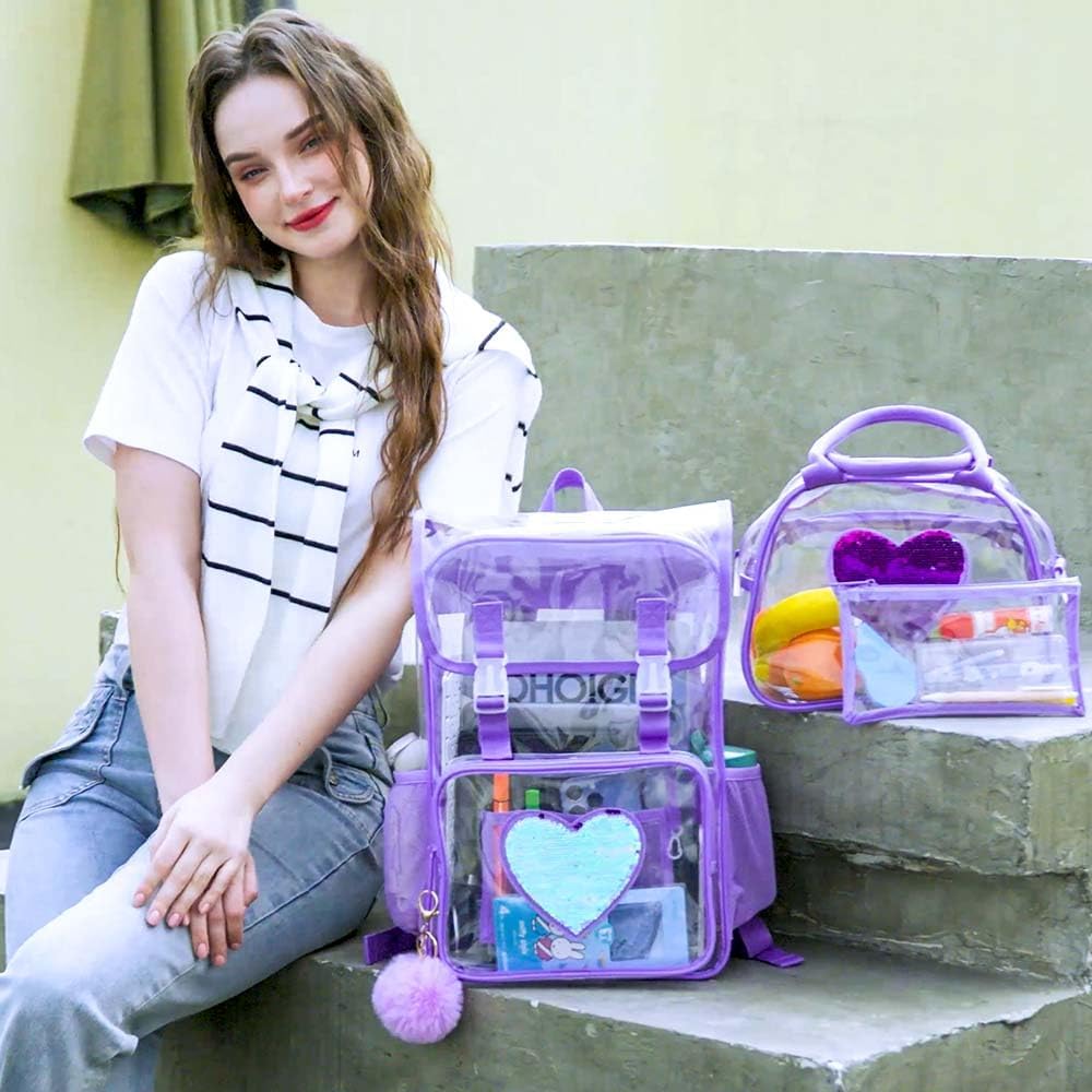 3PCS Clear Backpack, Heavy Duty Transparent Bookbag for Girls Women, Stadium Approved See Through Backpack Set (Purple Sequins) - Image 7