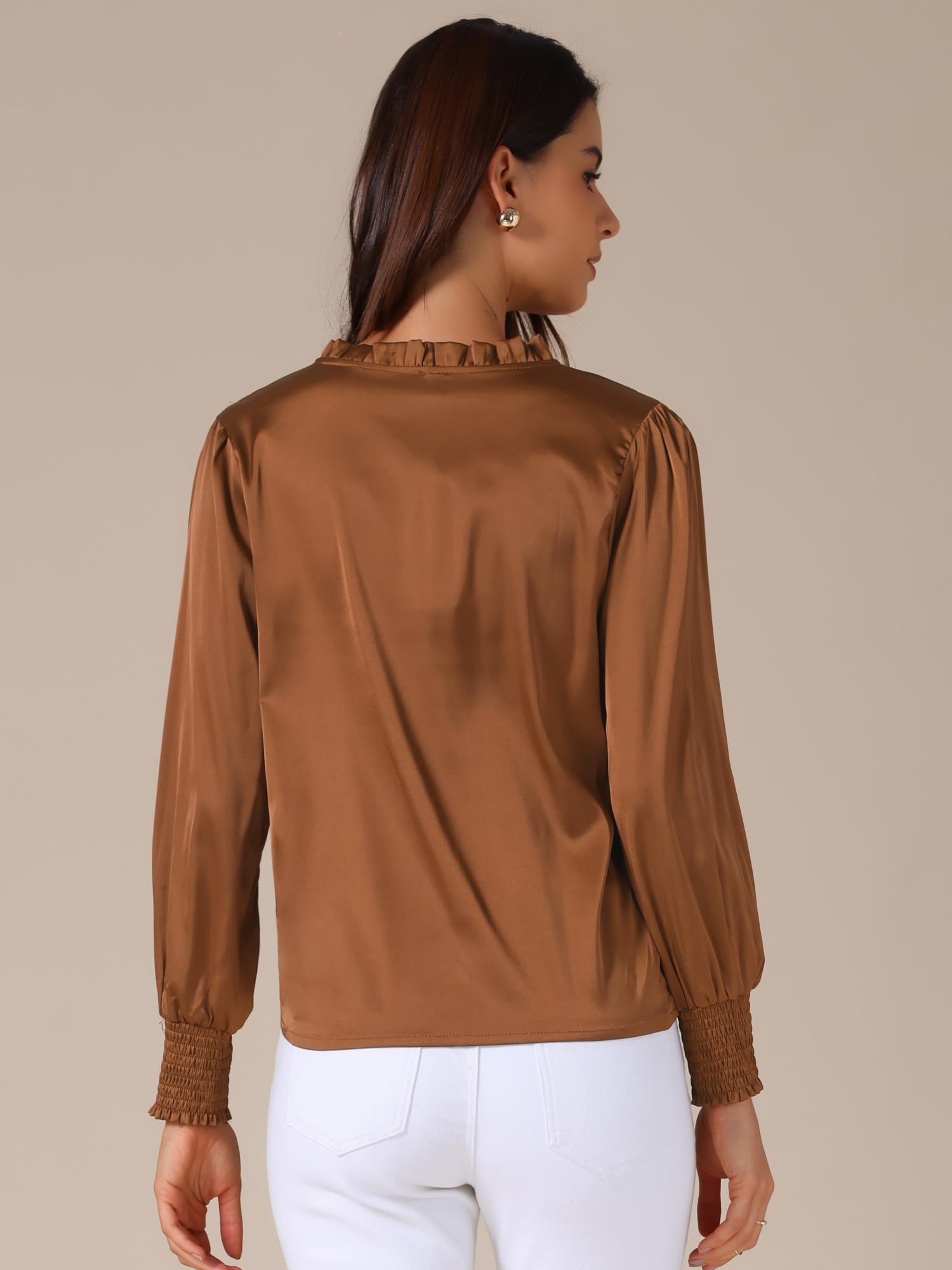 Allegra K Haut en satin à manches longues et col montant à nouer soi-même pour femme