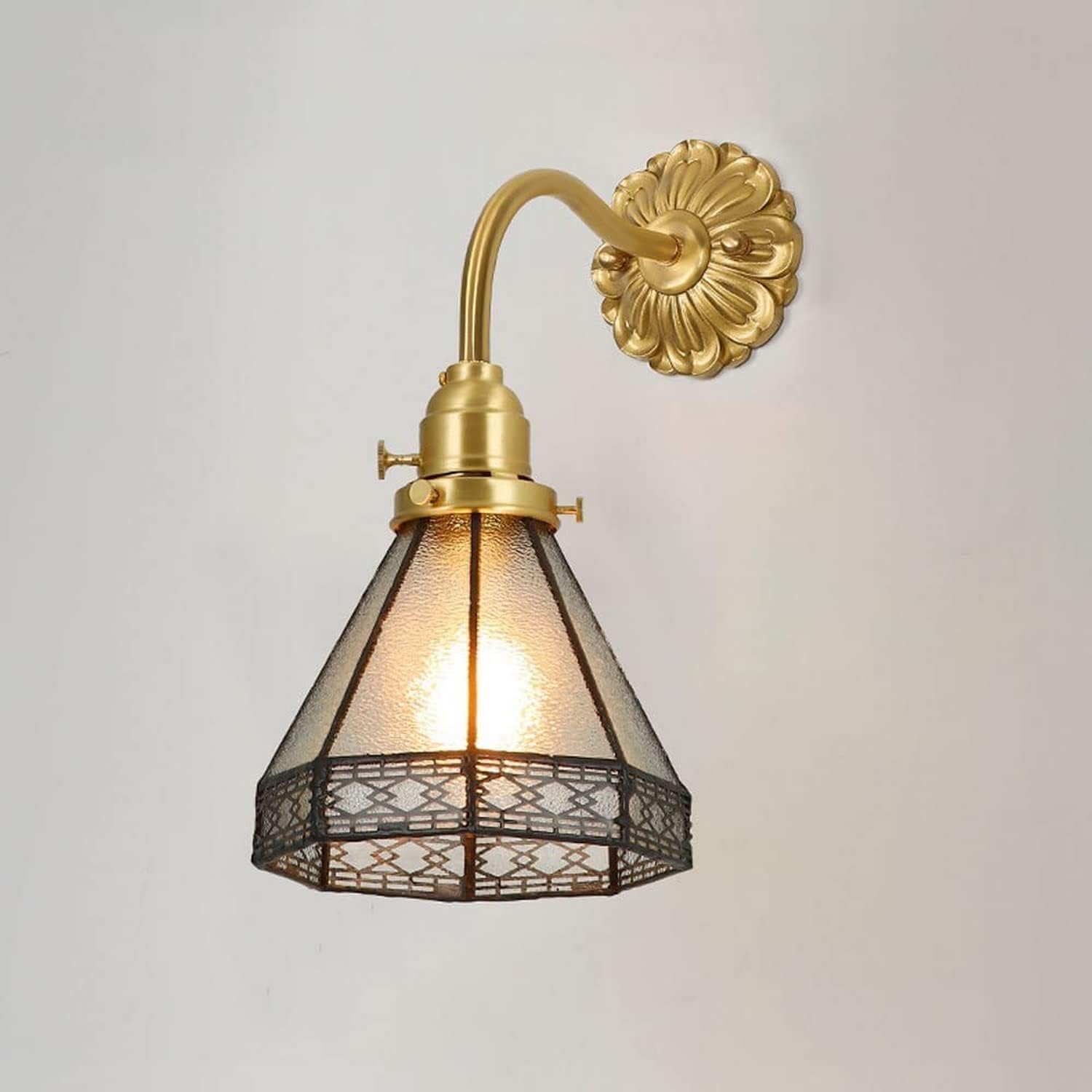 SMCCYYSD Brushed Brass Wall Lighting with Switch Glass Shade E27 Sconce Japanese Bedside Study Reading Lights Bathroom Vanity Lamps, Pendant Light