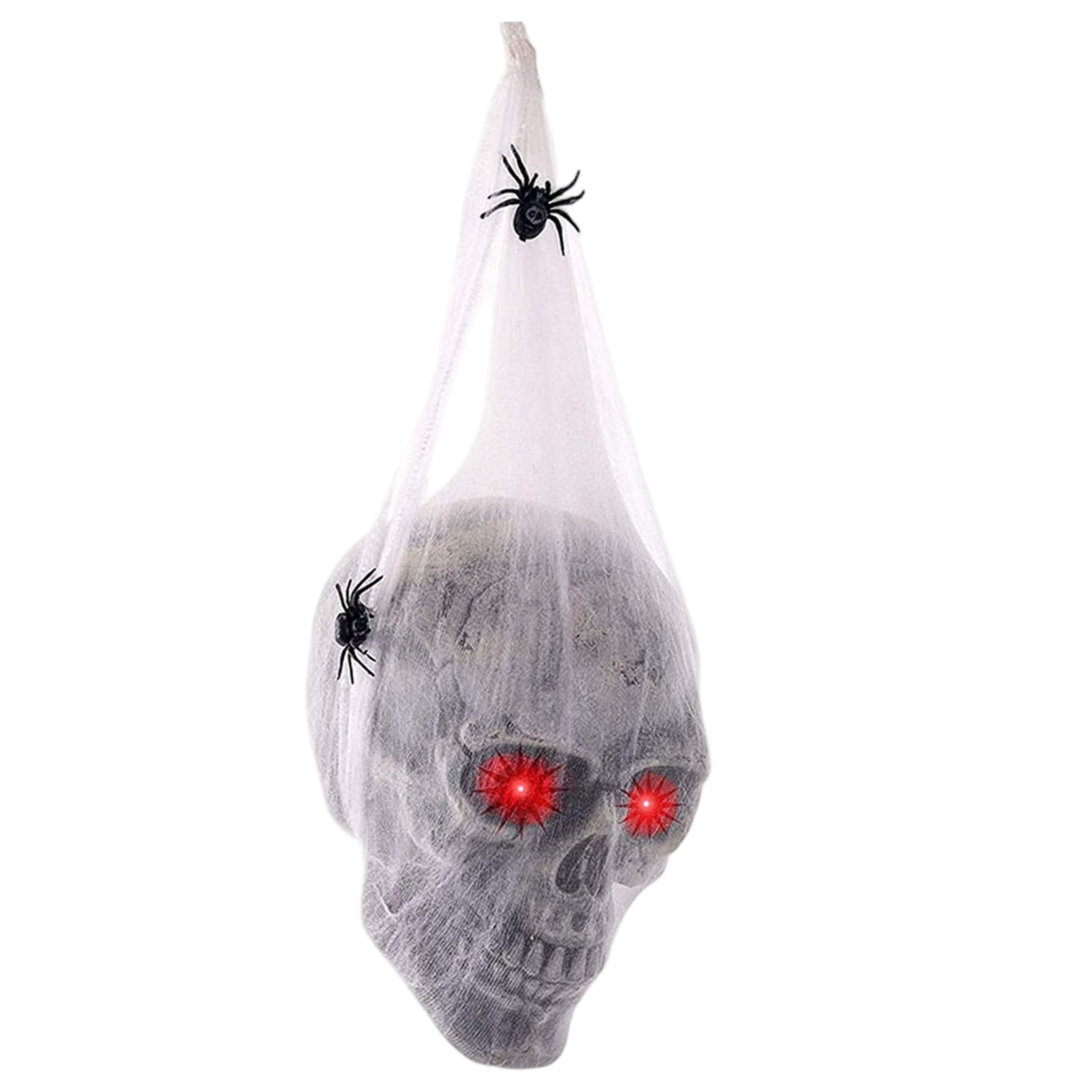 XVHOAB 1PC Halloween Animatronics, Light Up Eyes Halloween Skull Head with Cobweb & Spiders, Horror Scary Decorations for Indoor/Outdoor