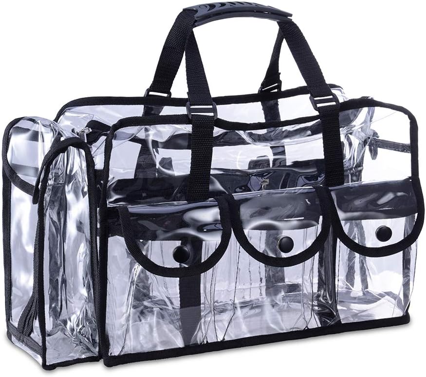 KIOTA Makeup Artist Storage Bag, Clear Cosmetic Bag with Side Pockets and Shoulder Strap, Ergonomic Handle, ON THE GO Series - Black Trim
