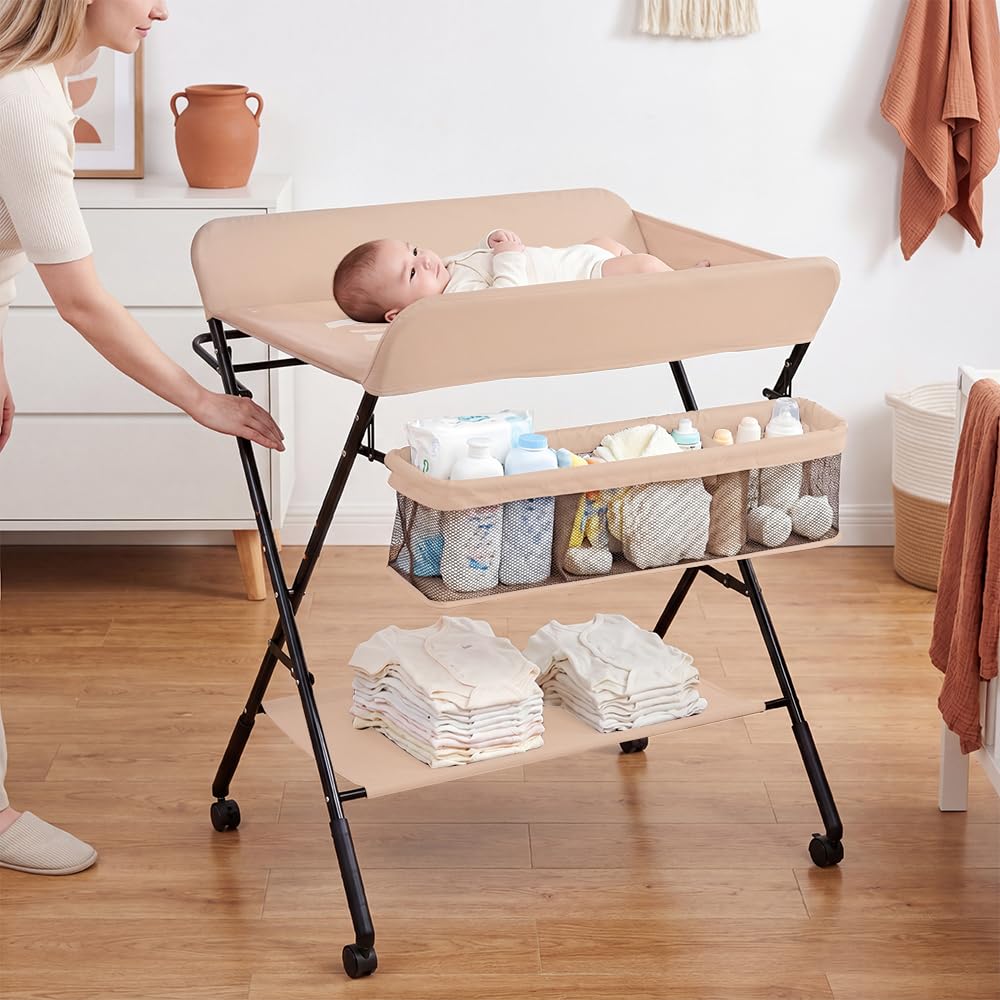 Table à Langer Pliable Bebe, Table a Langer Pliante avec Ceinture de Sécurité et Panier de Rangement, Hauteur Réglable en 3 Positions, Commode à Langer Portable, Charge 25KG(80 * 66 * 98cm, Abricot)