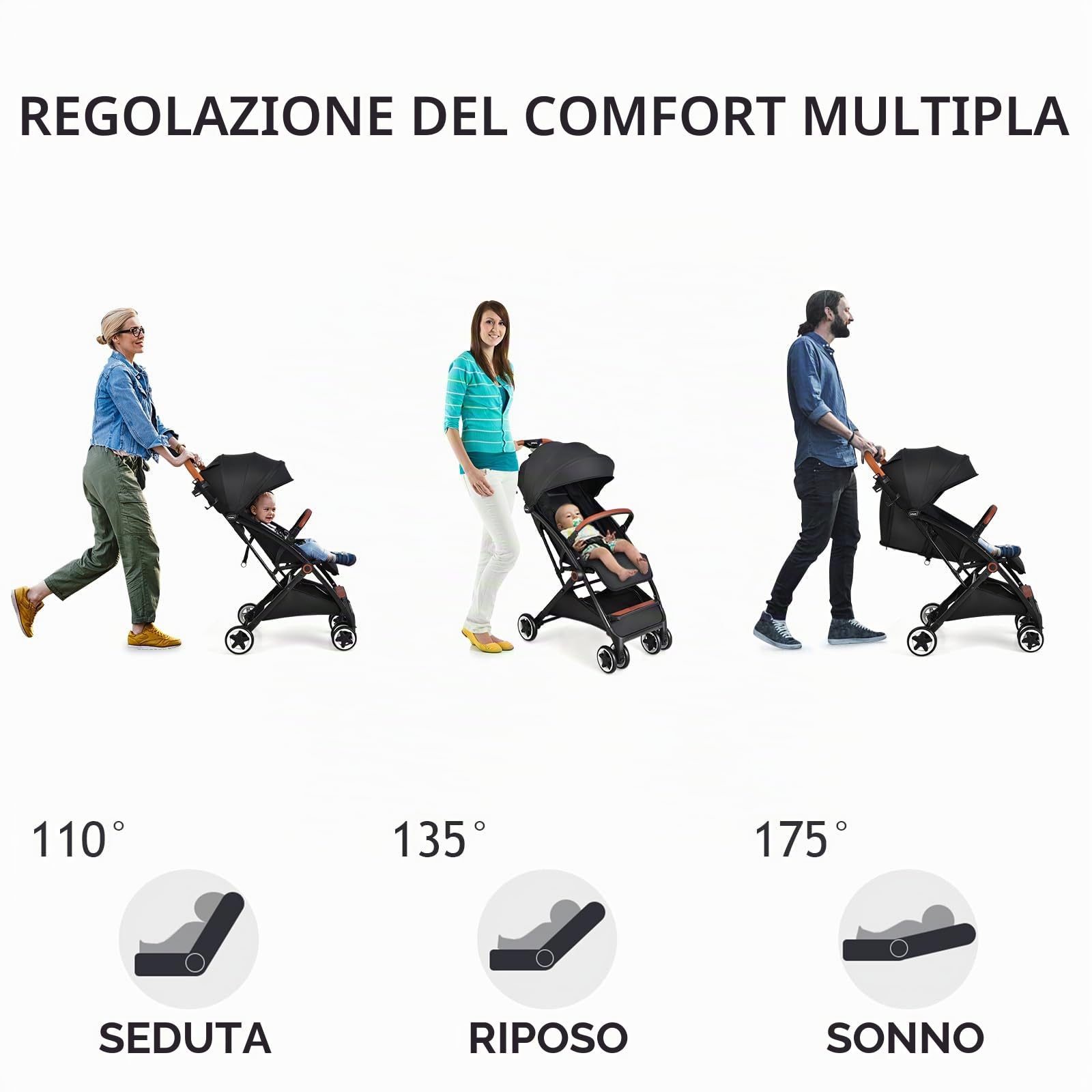 LIFEZEAL Passeggino pieghevole con schienale regolabile, passeggino compatto e comodo con zanzariera, imbracatura a 5 punti, 4 ruote, cestino portaoggetti, carico di 15 kg, 0-36 mesi (nero)