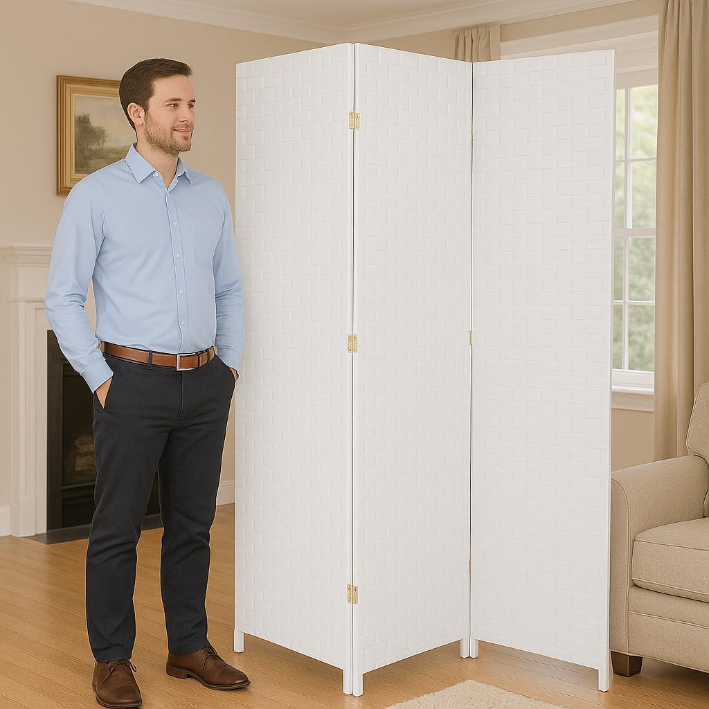 4-Panel Folding Room Divider – Freestanding Rattan Privacy Screen Partition for Bedroom, Portable White Partition Wall.