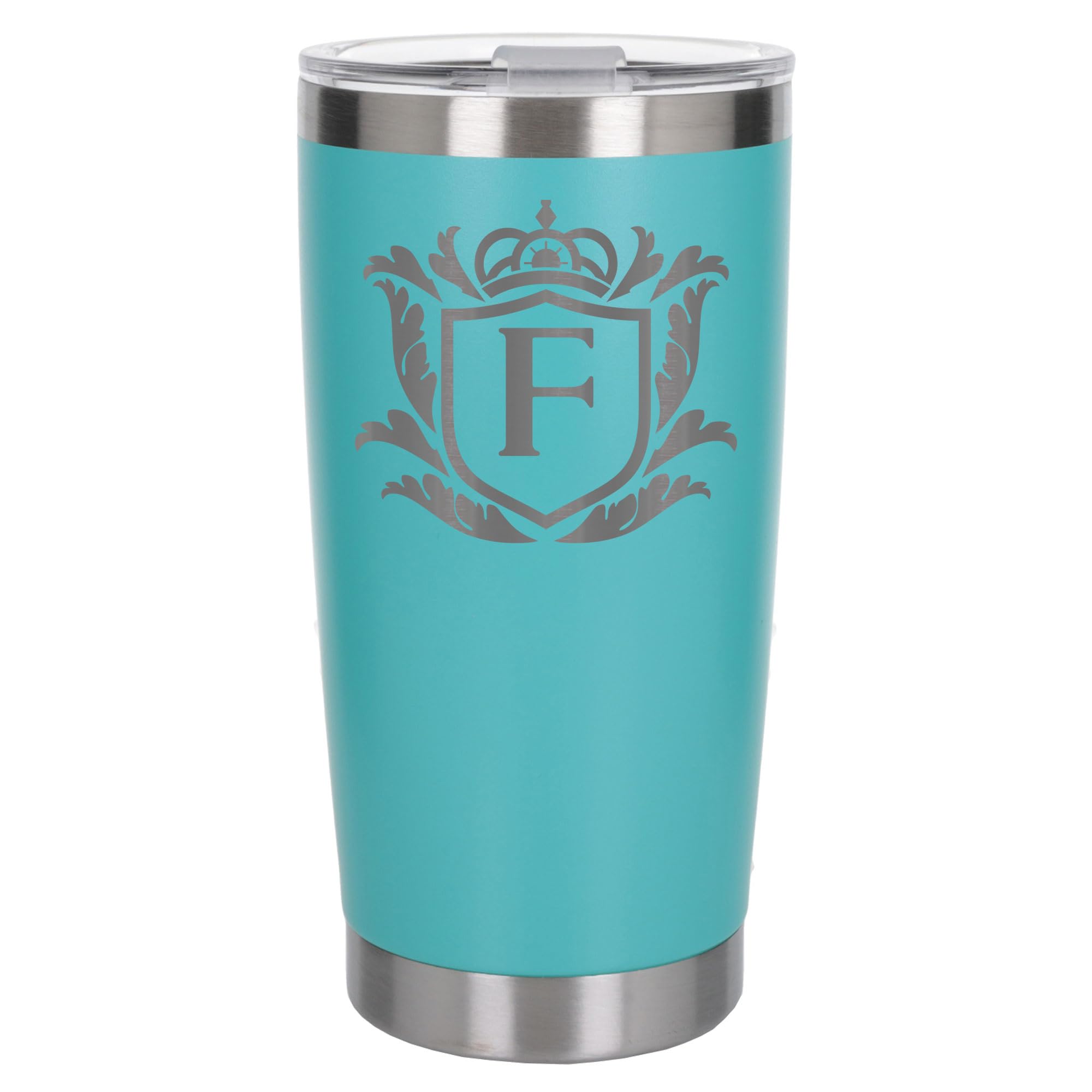 Customised Gifts 500ml Engraved Shield Initial Monogram Insulated Personalised Turquoise Travel Mug for Men and Women - Personalised Initial Coffee Travel Mug for Hot and Cold Beverages, Letter F
