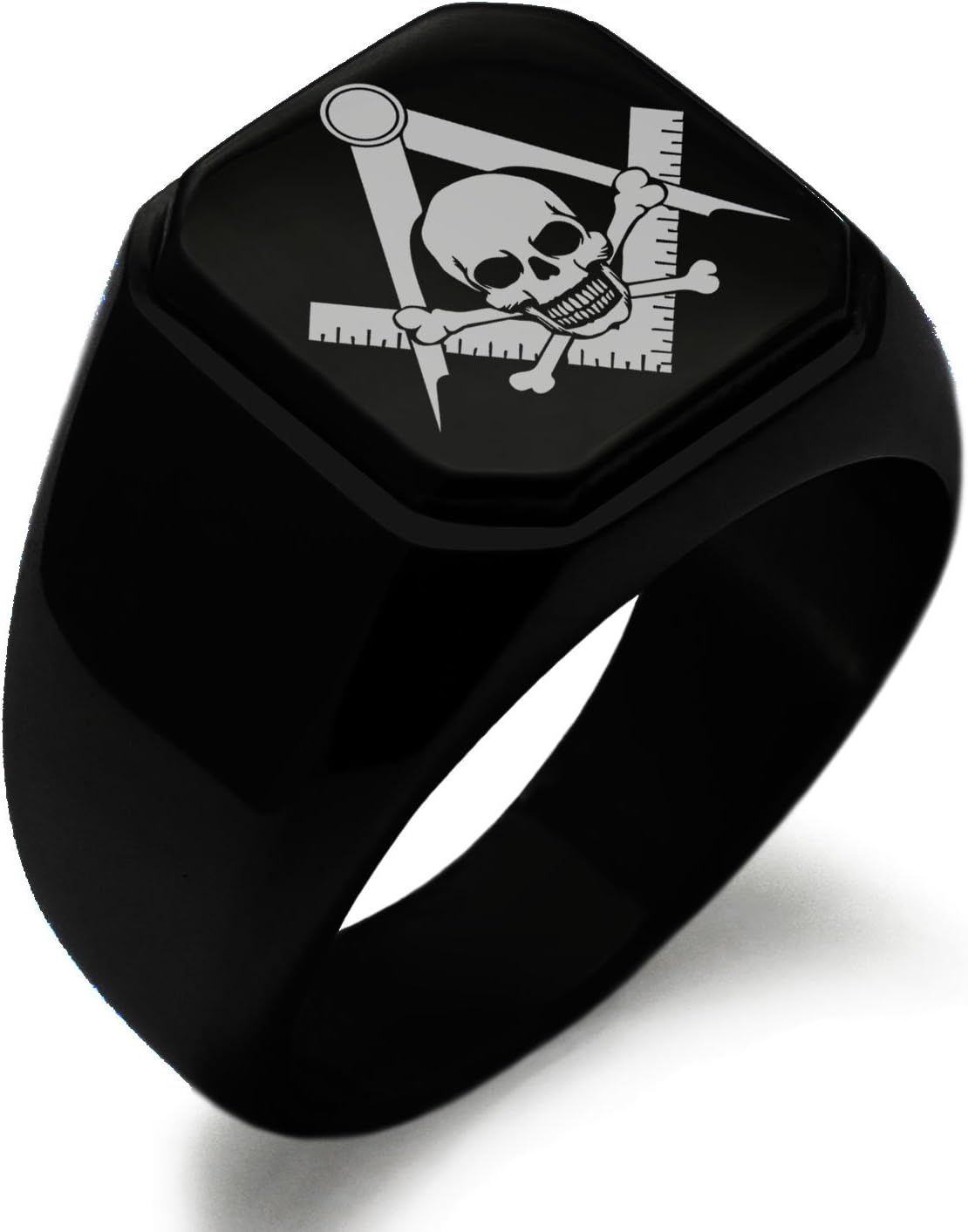 Stainless Steel Signet Biker Rings for Men, Masonic Symbol Square Flat Top (Black, Gold, Silver), Size 7-16