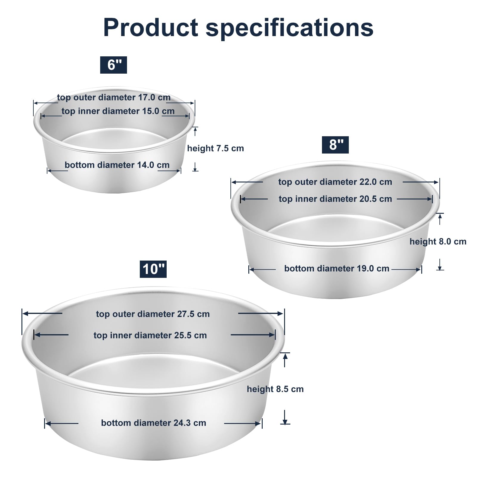 Backform Rund 3er Set Ø 15/20/26 cm, Runde Kuchenformen aus Eloxiertem Aluminium für Backen, Silber