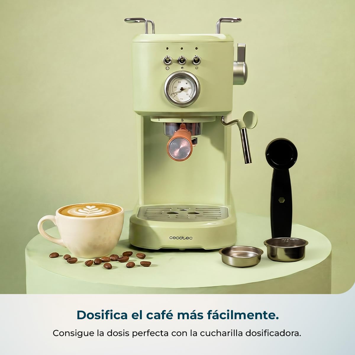 Cecotec Cafetera Espresso Power Espresso 20 Retro Green Elite. 1100 W, 20 Bares, Vaporizador Orientable, Brazo Portafiltros con Doble salida y 2 Filtros, 1,25 Litros