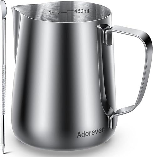 Adorever Jarra espumadora de leche, taza espumadora de leche de acero inoxidable de 16 onzas y 16.2 fl oz, barra de café, cafetera de capuchino,