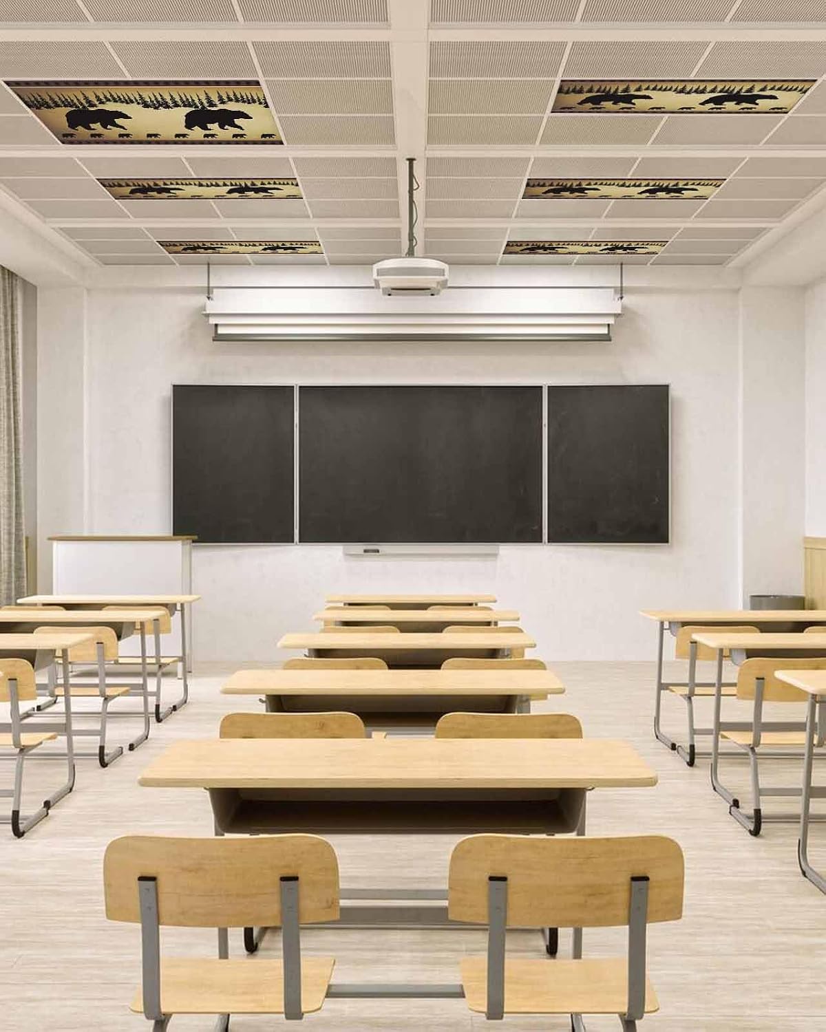 Black Bear Silhouette 3 Pack Fluorescent Light Cover for Ceiling Lights, Vintage Animals Magnetic Classroom Light Filters 4x2 Feet, Brown Forest Decorative Ceiling Shade Panel for Office
