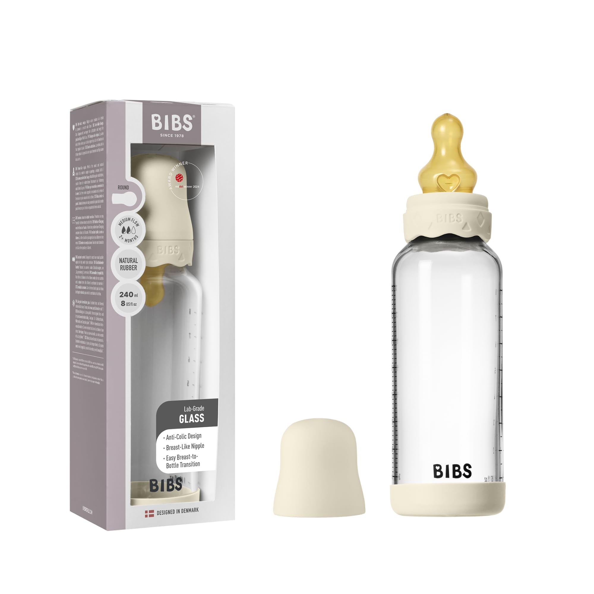 BIBS Boheme Baby Glass Bottle 240ml, Vermindert Koliken, Runder Sauger aus Naturkautschuklatex, Unterstützt das Stillen. Hergestellt in Dänemark - Ivory