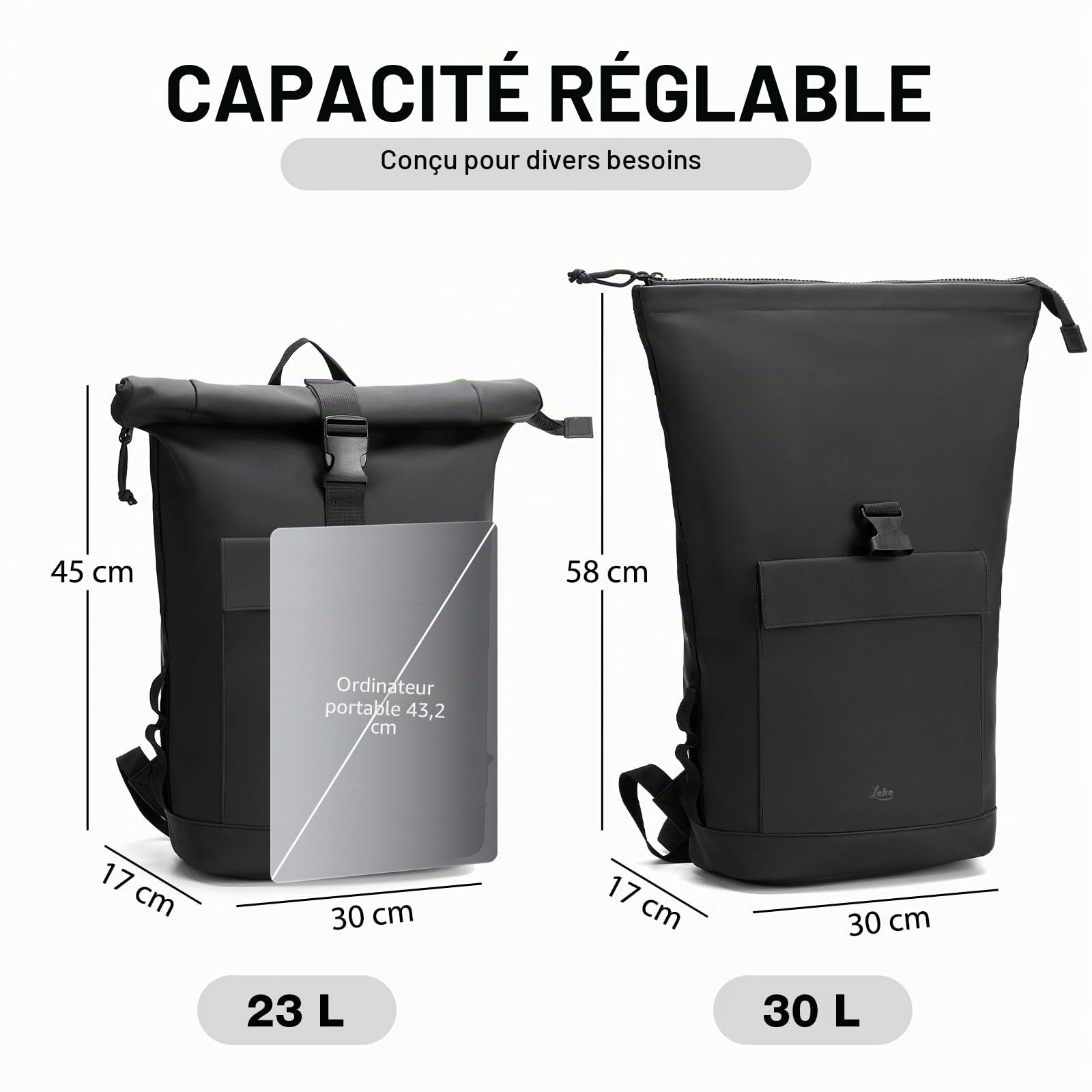 Lekeinchi Rolltop Sac à dos élégant pour ordinateur portable de 17 ", étanche, grand sac à dos de voyage, sac à dos d'école, pour les voyages, l'université, le travail