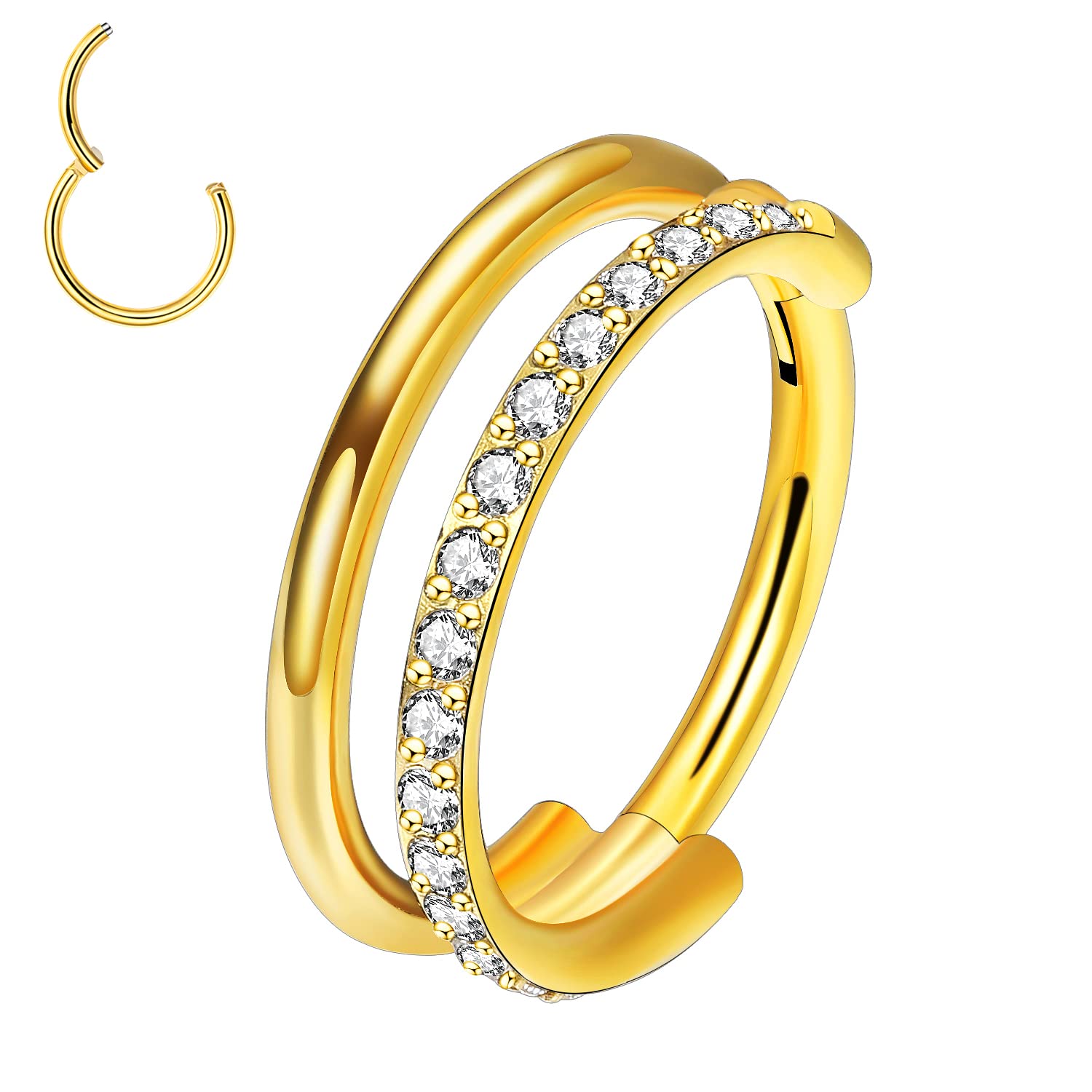 VOJO G23 Titanium 16G Cartilage Septum Hoop Piercing Jewelry Double Row Plated CZ Beads Conch Nose Rings Tragus for Women Men