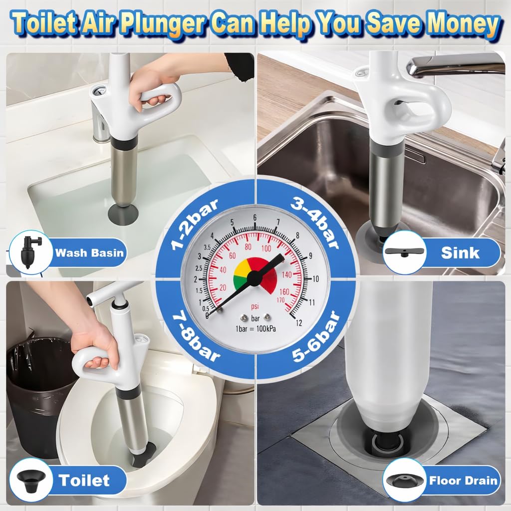 Stura WC ad alta pressione, Pompa stura scarichi con manometro visibile, Sturalavandini a pressione con sonda in tempo reale, Stantuffo robusto per intasamenti di WC, lavandini e tubature(Bianco)