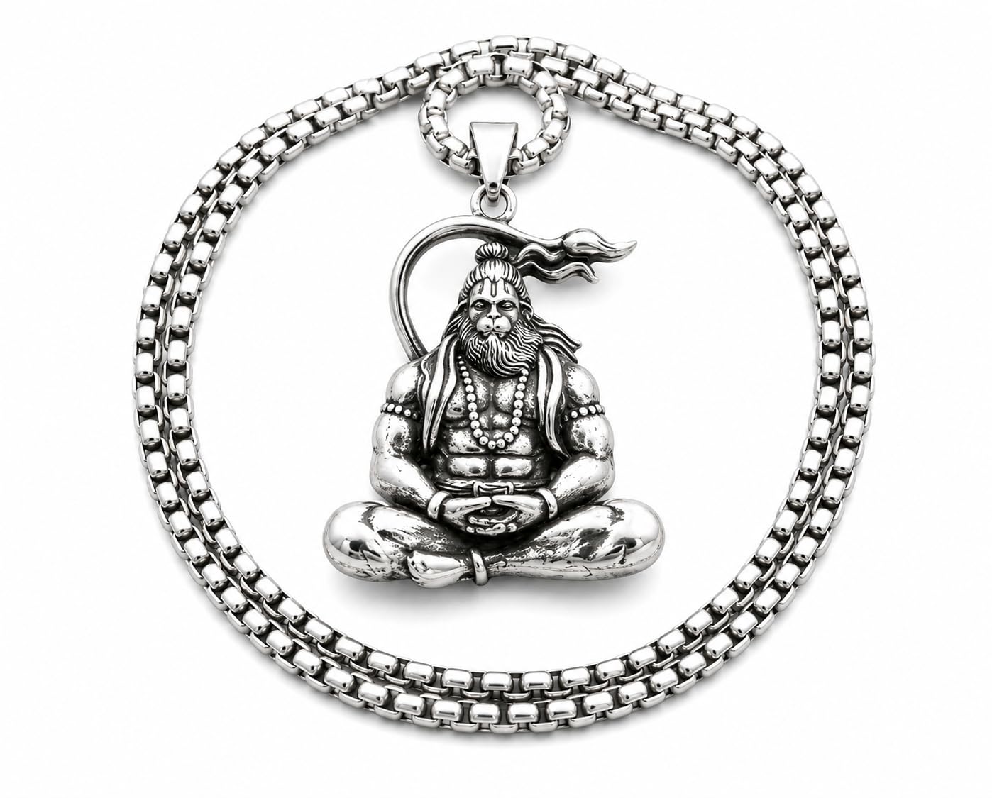 beautivia Meditating Hanuman Pendant Necklace, Stainless Steel, Box Chain, Hindu God Jewellery-picture-16