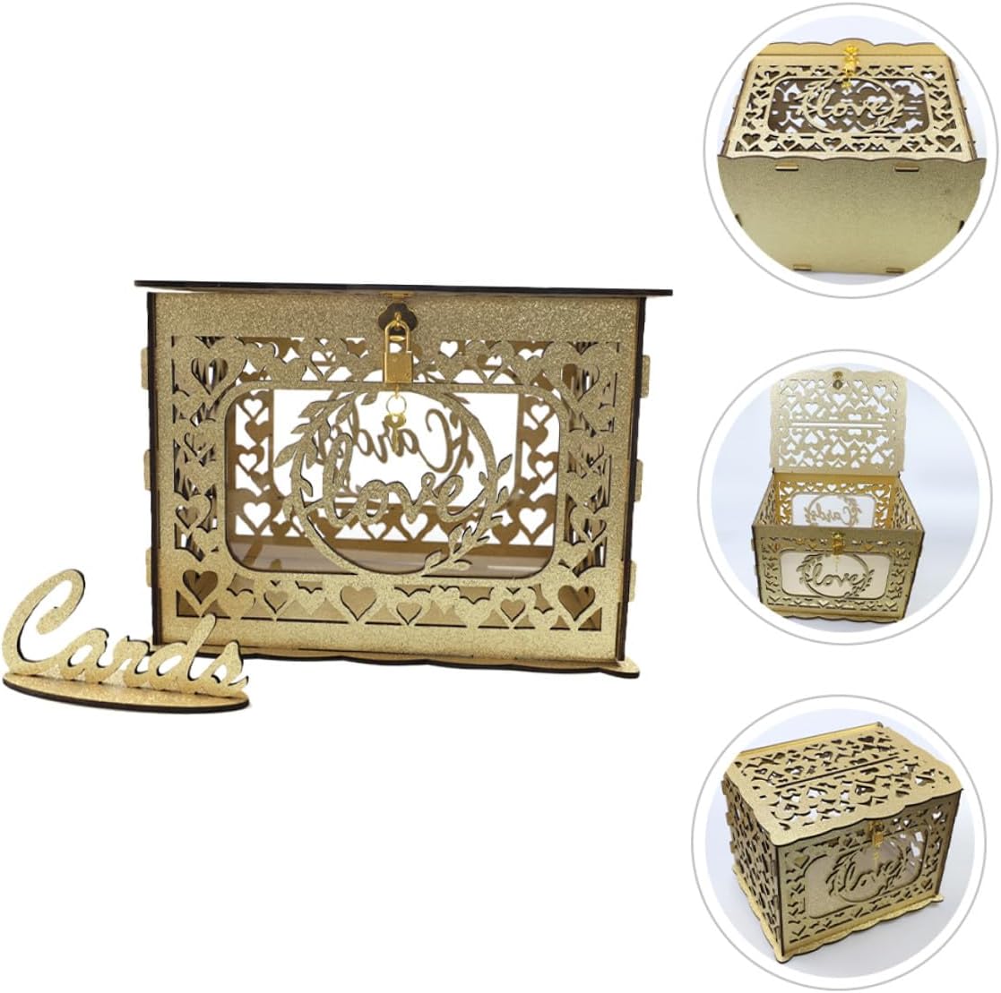 Hollow Wooden Wedding Card Holder Box Glitter Finish Greeting Card Container Anniversary Envelope Collector Decorative Storage for Party Events