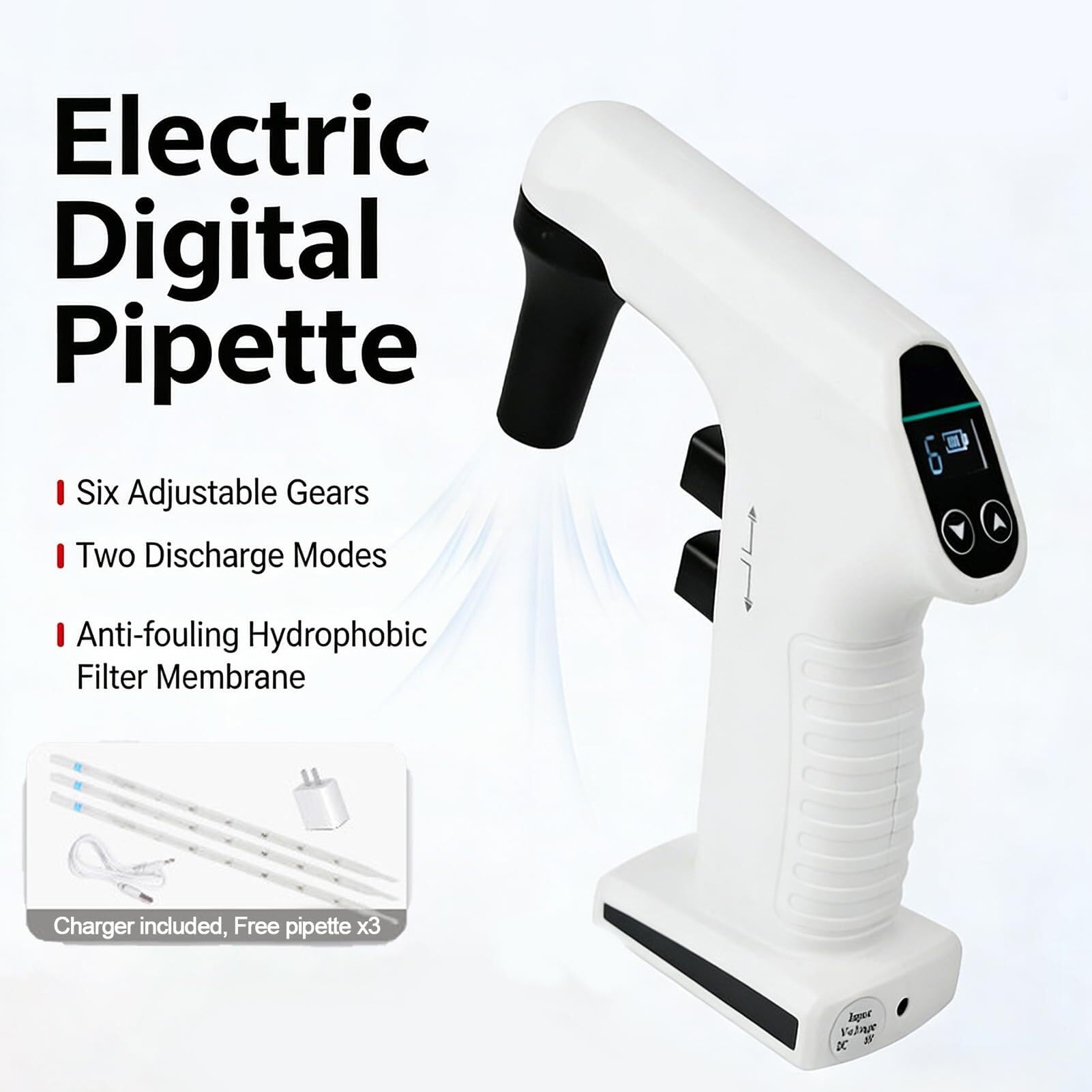 Controlador Electrónico de Pipetas 0.1-100mL, Bomba Eléctrica con LCD, 6 Velocidades, Drenaje Dual, Filtro Hidrofóbico, Batería Recargable para Laboratorio