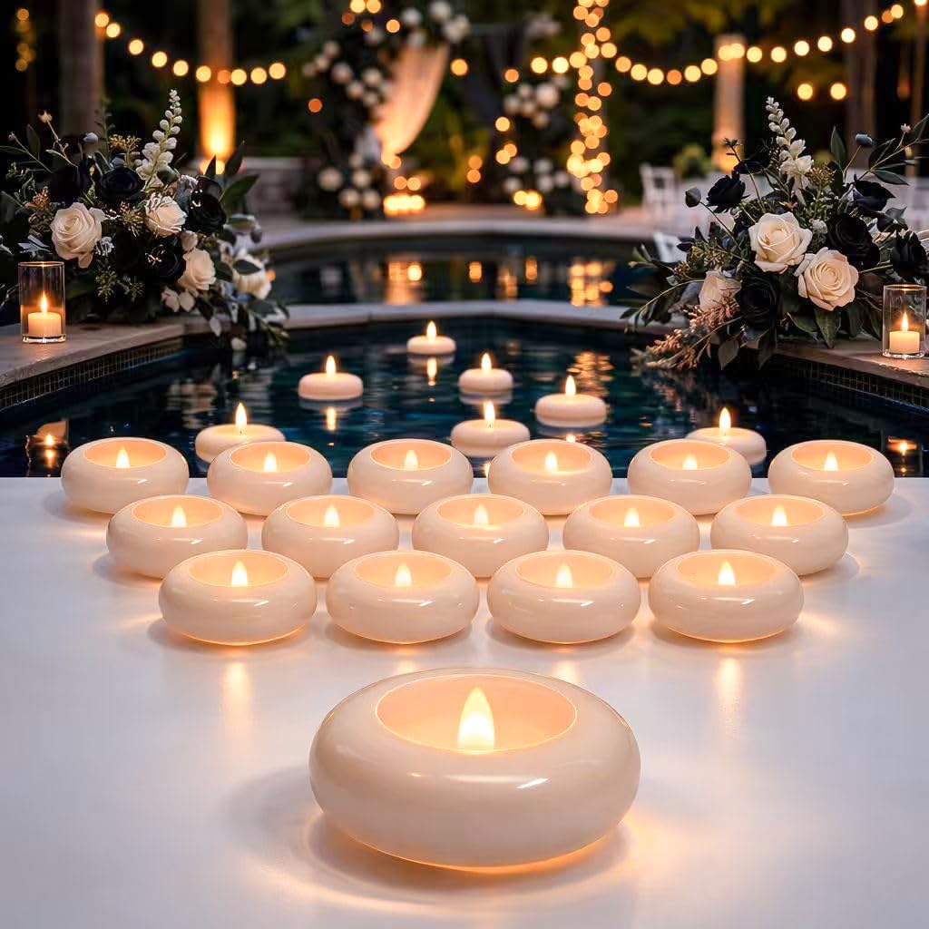 Aignis 24 candele galleggianti a LED senza fiamma, 7,6 cm, in plastica, funzionamento a batteria, durata oltre 120 ore, accogliente luce bianca calda romantica per piscina/vasca da bagno/bagno caldo