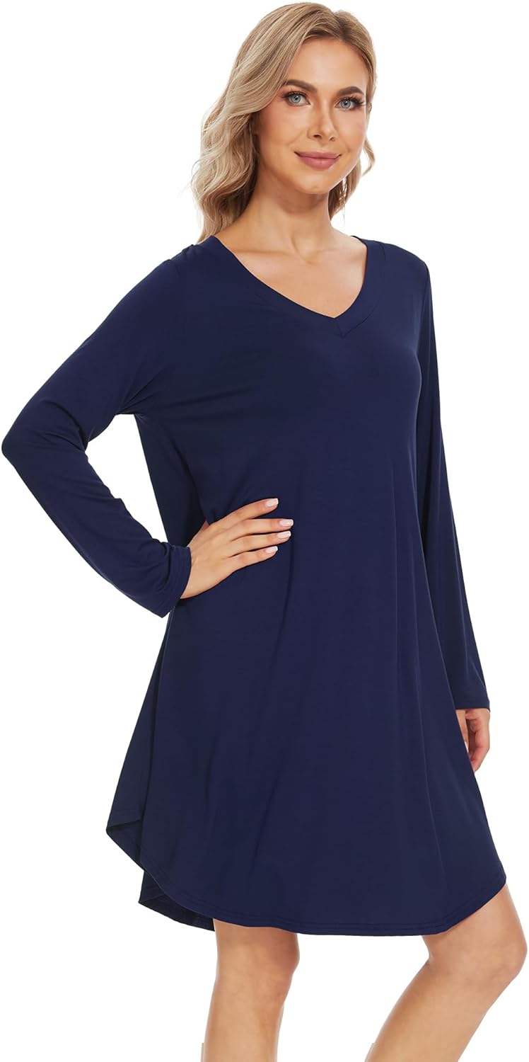 WiWi Women's Viscose from Bamboo Nightgown Long Sleeve Nightshirt Soft Sleep Dress Loose Comfy Pajama Sleepwear S-XXL - Image 4
