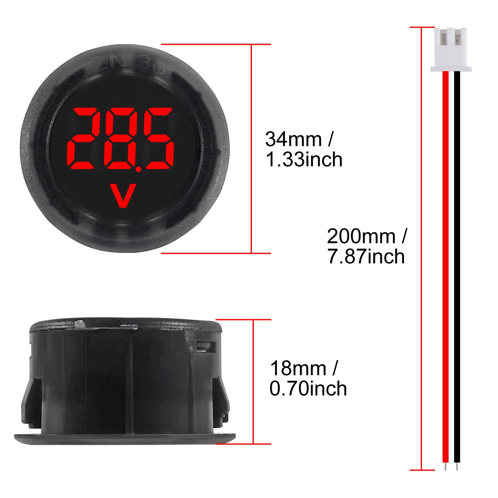 5 x DC 4–100 V LED-Digitalanzeige, rundes Zwei-Draht-Voltmeter, DC Digital-Voltmeter-Kopf-Display, umgekehrter Anschluss-Schutz