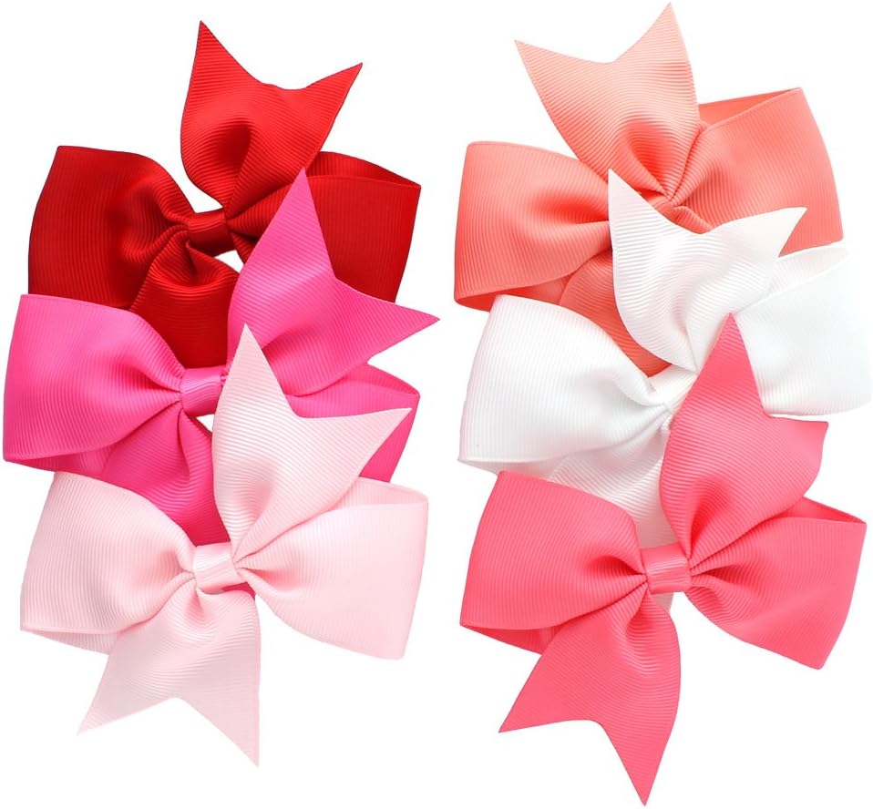 My LelloMedium 4" Girls Split Tails Boutique Grosgrain Hair-Bow Mixed Variety 6 Pack Pink Shades