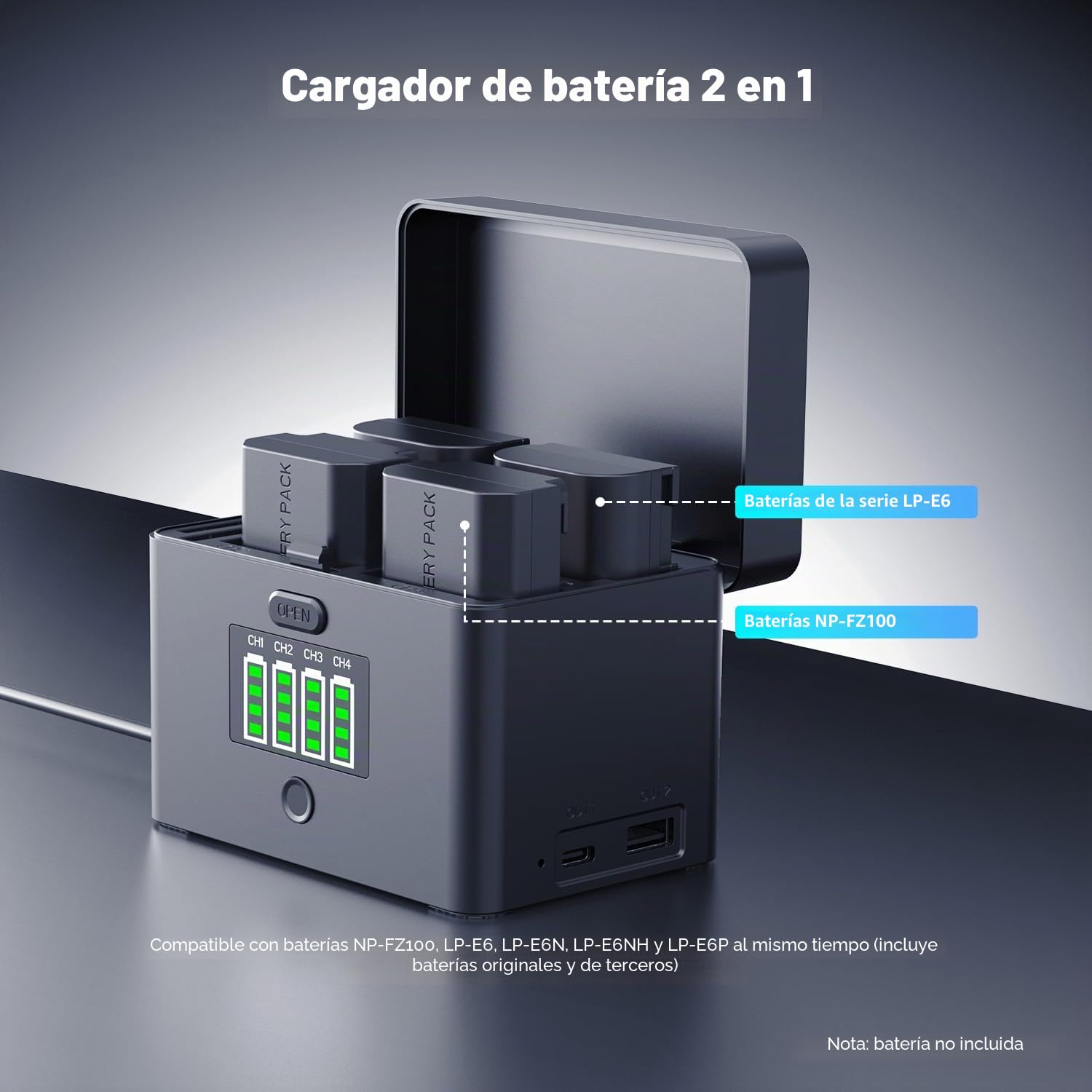 K&F Concept NP-FZ100 y LP-E6 Cargador de batería 2 en 1 de 4 Canales, Carga Rápida 40W PD, Compatible con Sony A6700/A7III/FX3/FX30/A7IV y Canon EOS R5 II/6D/5D, USB C, Almacenamiento SD, CFA, CFB