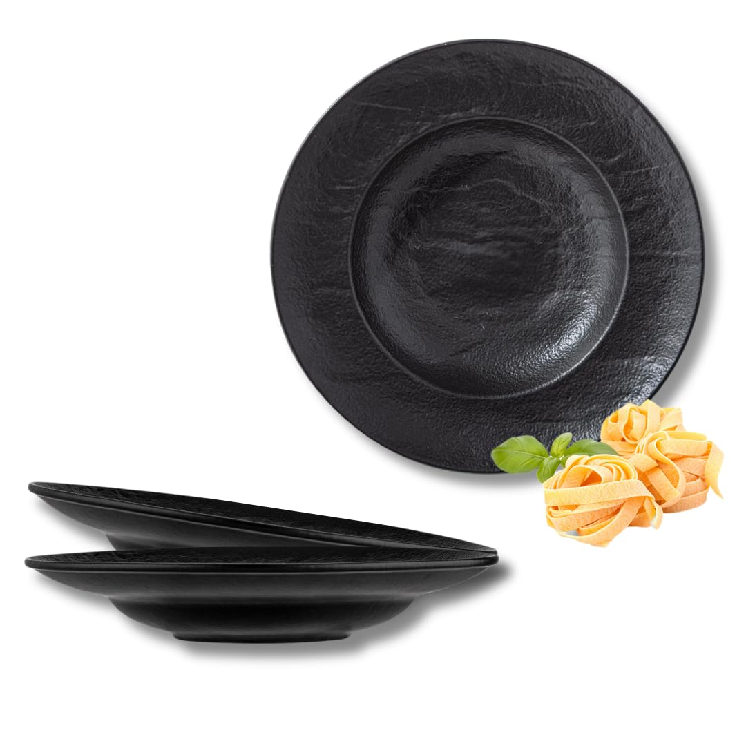 Wilmax – Cuencos profundos – 2 unidades 25,5 cm / 350 ml | platos de pasta negra | textura de piedra natural | para pasta, sopas, ensaladas, platos principales | platos hondos resistentes a los