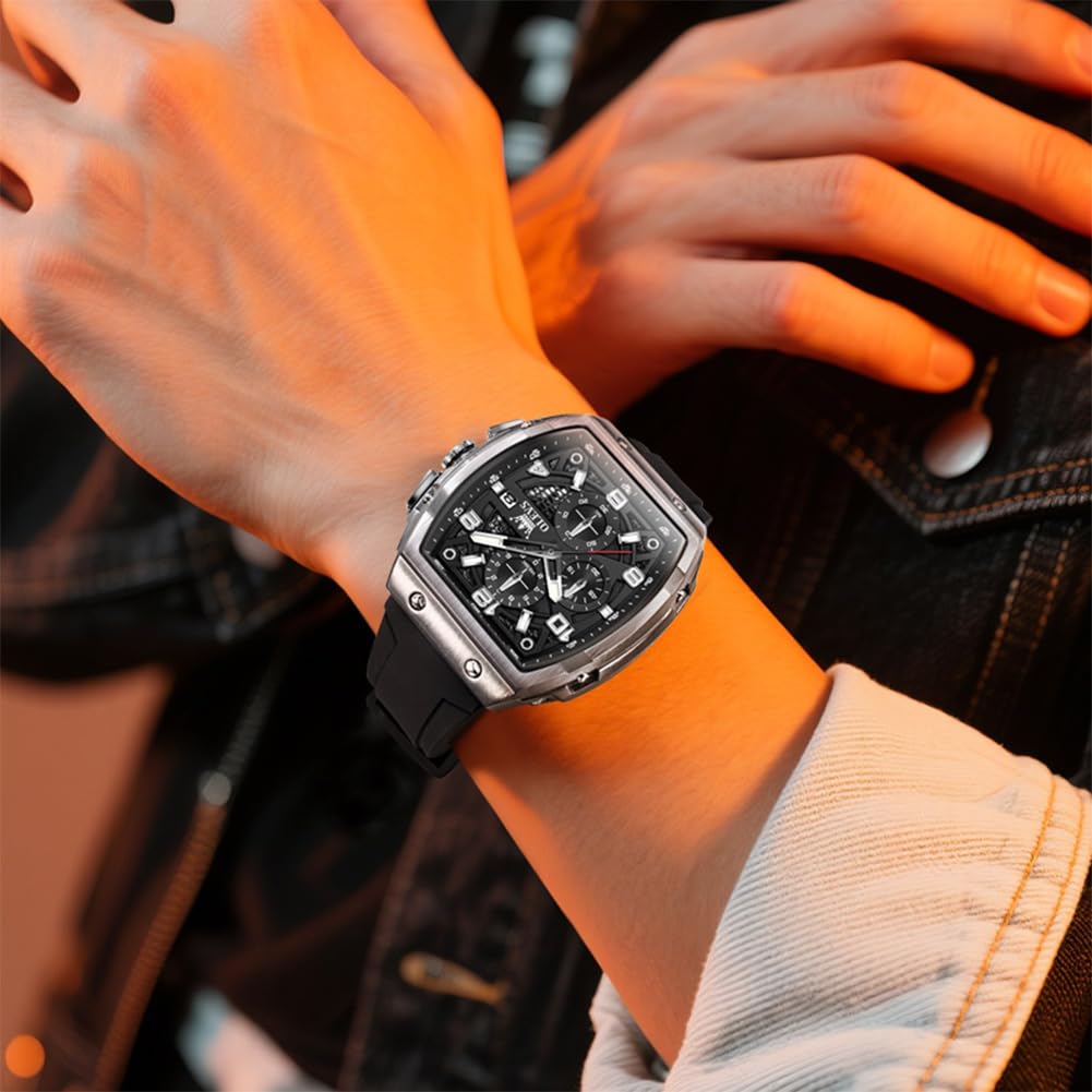 OLEVS Watch Men Chronograph Square Watches for Men Big Face Luxury Original Dress Waterproof Casual Nice Wrist Male Watch for Man Analog Classic Business Silicon Strap Mens Watches Relojes Para Hombre