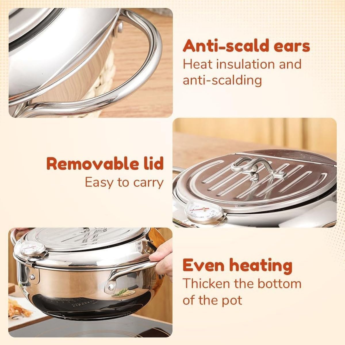 2025 New Japanese Deep Fryer Pot, 304 Stainless Steel Frying Pot with Thermometer and Oil Drip Drainer Rack, for Kitchen Stove/Induction Cooker French Fries Fryer Chicken 4.2L (Gold,3.4L)