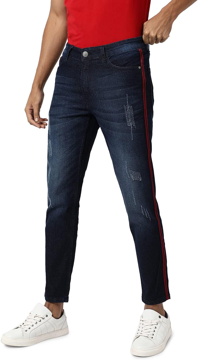 Campus SutraMen's Mid Rise Classic -Washed Distressed Patterned Regular Fit Denim Jeans | Premium Cotton Stretchable Mid-Rise Crafted With Comfort Fit And High Performance For Everyday Wear
