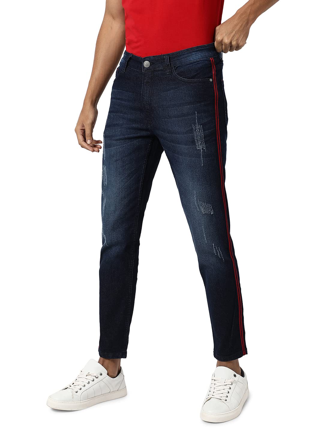 Campus SutraMen's Mid Rise Classic -Washed Distressed Patterned Regular Fit Denim Jeans | Premium Cotton Stretchable Mid-Rise Crafted With Comfort Fit And High Performance For Everyday Wear