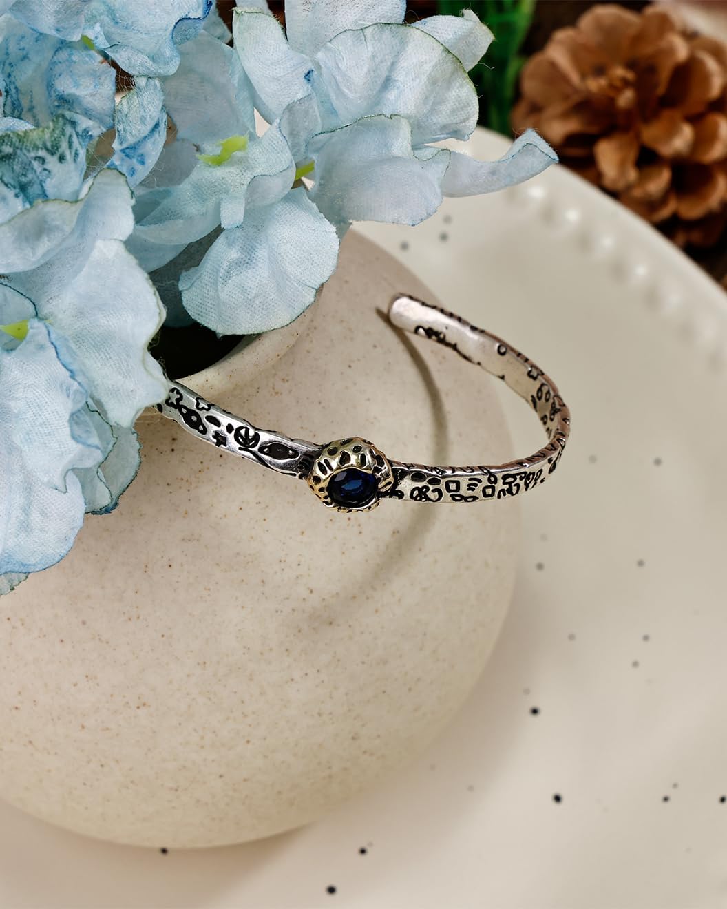 Silver Blue Bangles for Women – Sterling Silver Plated Cuff Bracelet, Vintage Bracelet with Blue Rhinestone, Engraved Adjustable Bangle Jewelry - Image 6