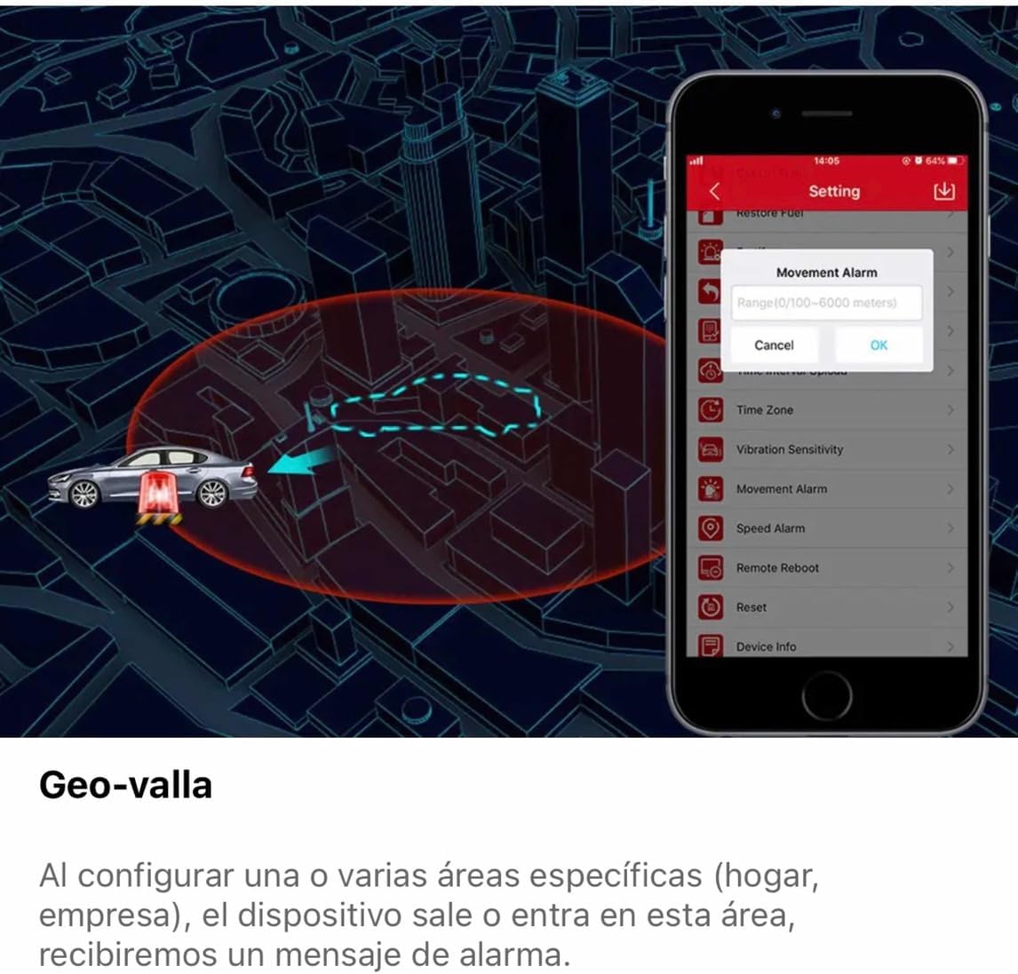 Screenshot of the Micodus app showing geo-fence setting and movement alarm