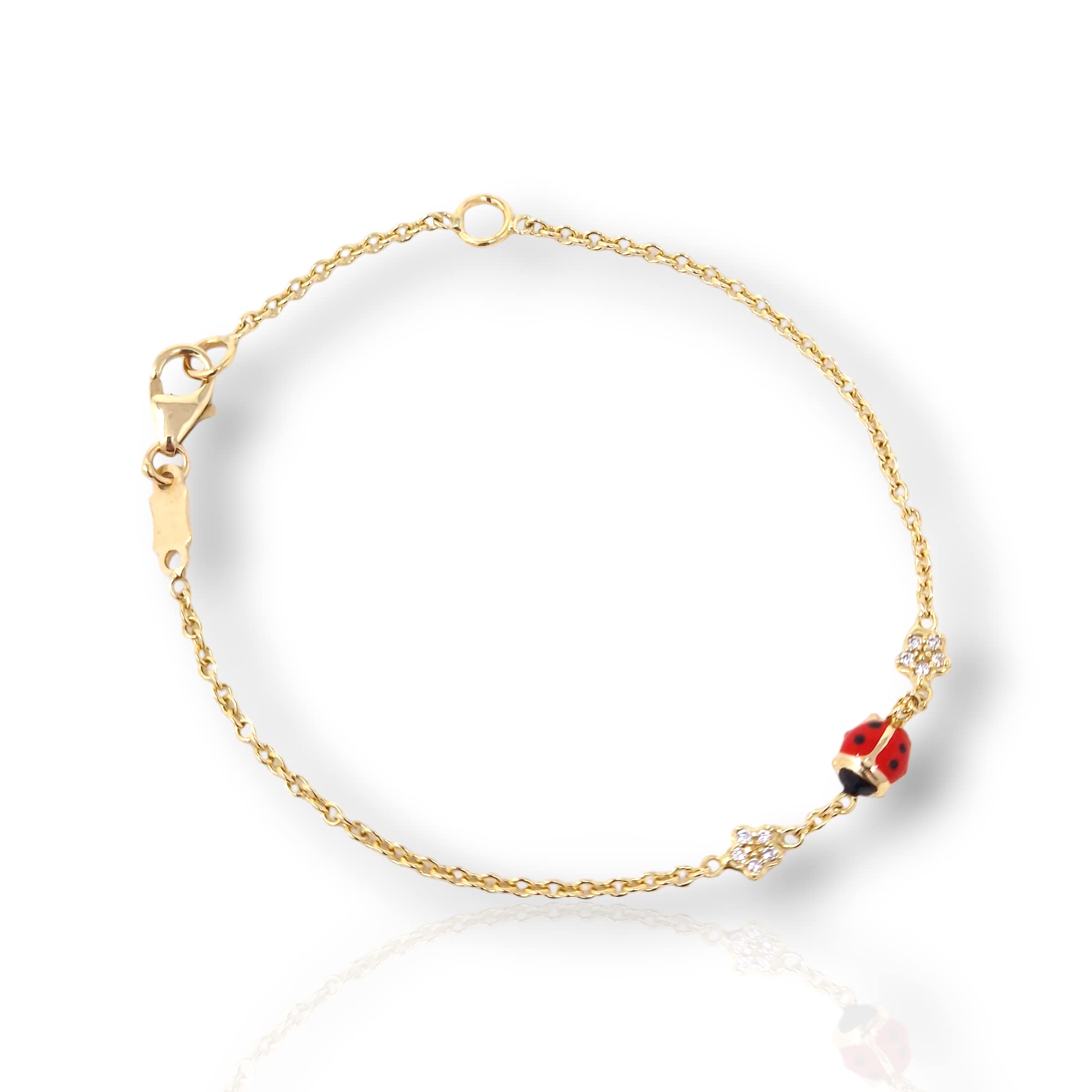 Italian Jewelry and Craftsmanship Bracciale coccinella rossa in oro giallo 18 Kt (750) per neonati o bambini unisex a catena Rolò doppia misura regolabile e fiori