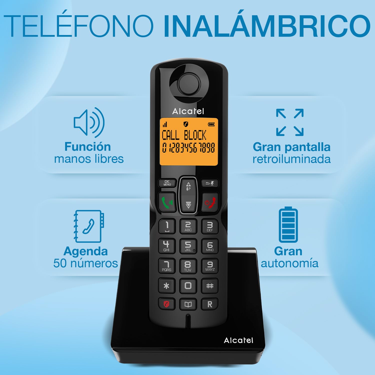 ALCATEL S280 Dúo - Teléfono Inalámbrico DECT - Diseño Compacto - Gran Pantalla Retroiluminada - Manos Libres - Bloqueo de Llamadas - Agenda 50 Contactos - 2 terminales - Negro — view 2