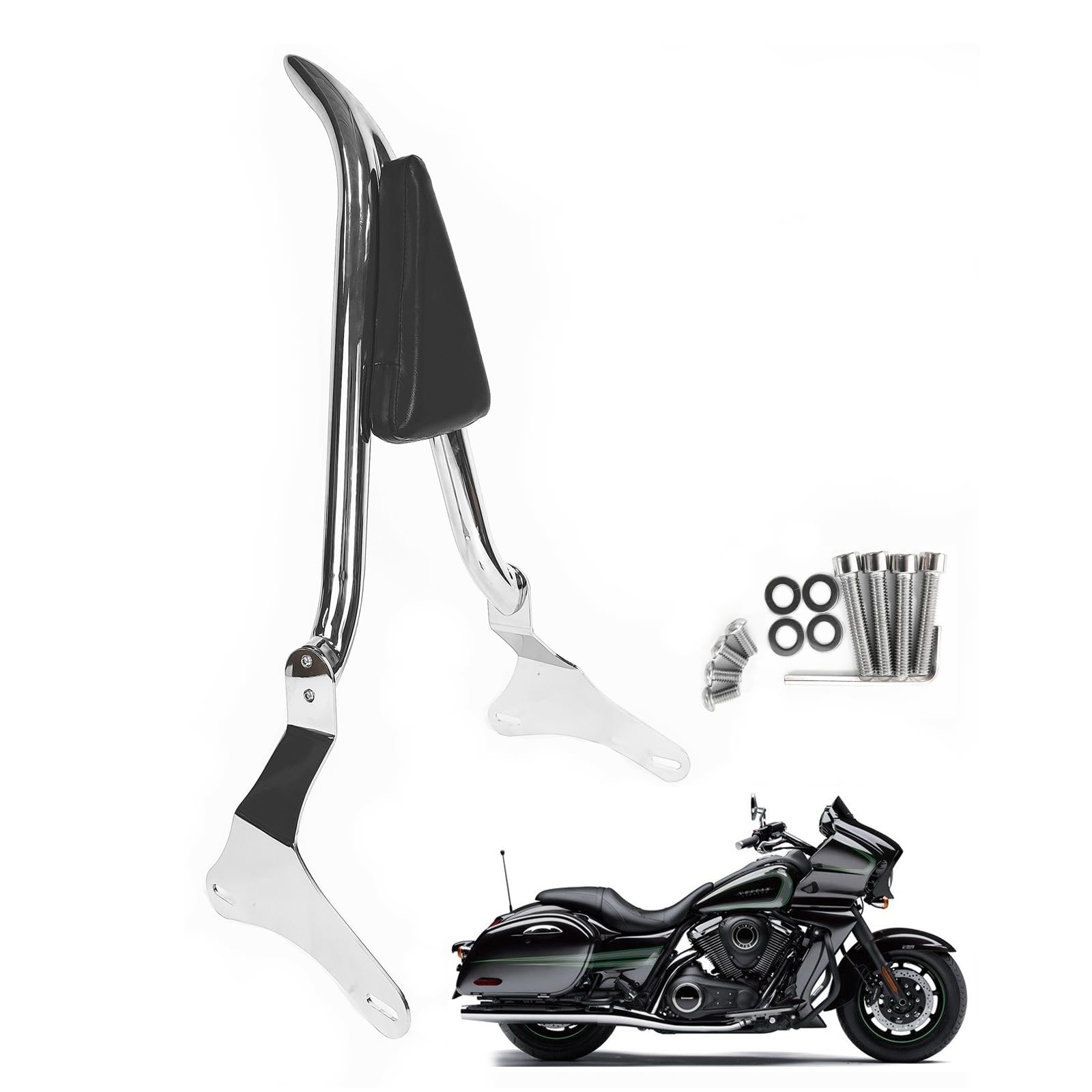 29 Inches Tall Chrome Sissy Bar, Passenger Backrest Rear Pad Compatible for Kawasaki Vulcan 1700 Vaquero VN1700 Passenger Sissybar Backrest