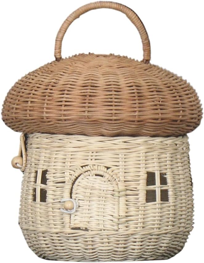 【jieseaban】マッシュルーム型ラタンバスケット 多用途織物収納容器 家庭オフィス両用 装飾機能付き フォトプロップ兼用 (A