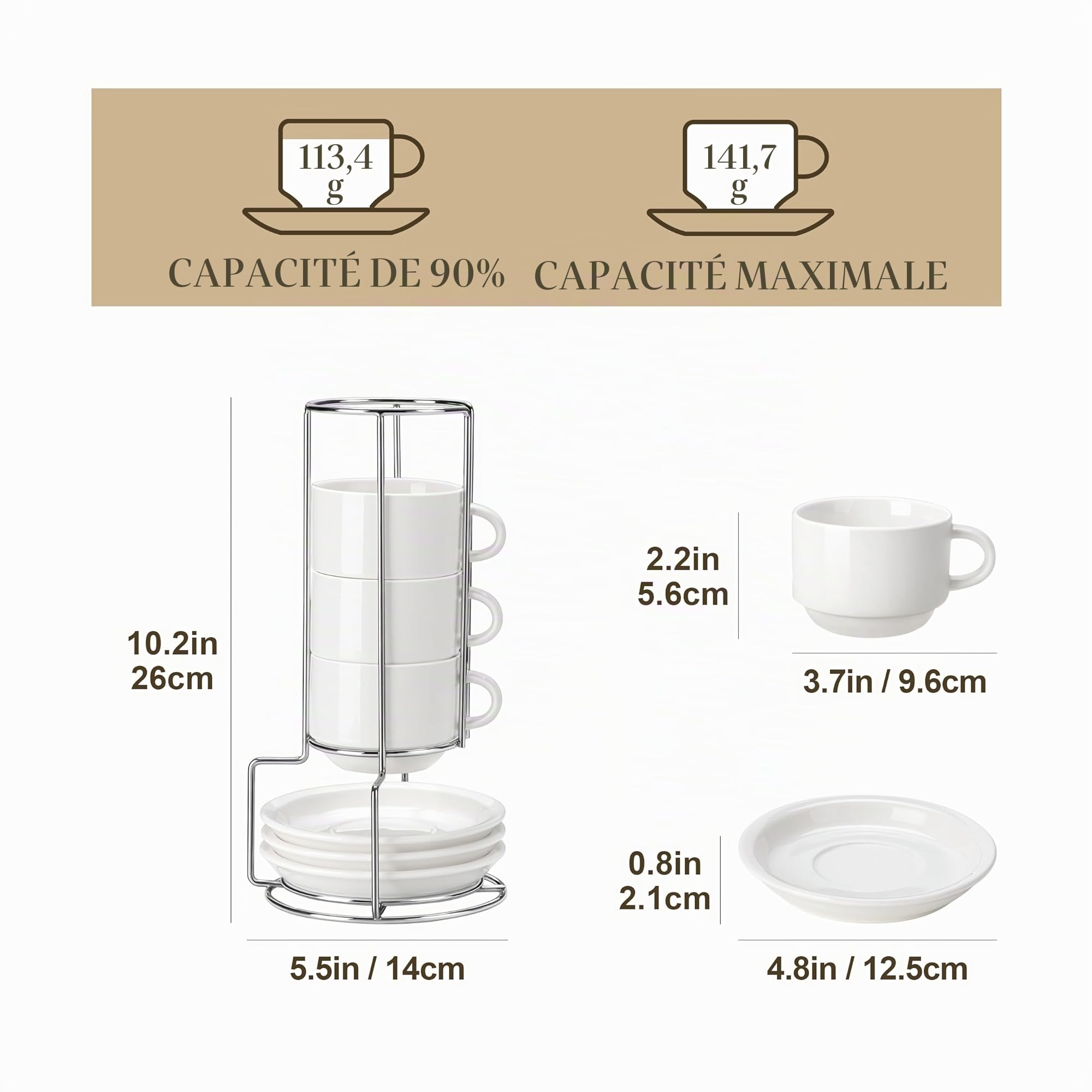 MALACASA Série REGULAR, Lot de 4 Tasses à Café pour 4 Personnes, 150 ml, Service à Café Empilable avec Soucoupe et Support en Métal，Idéal pour Expresso, Cappuccino, Latte, Moka et Thé, Blanc